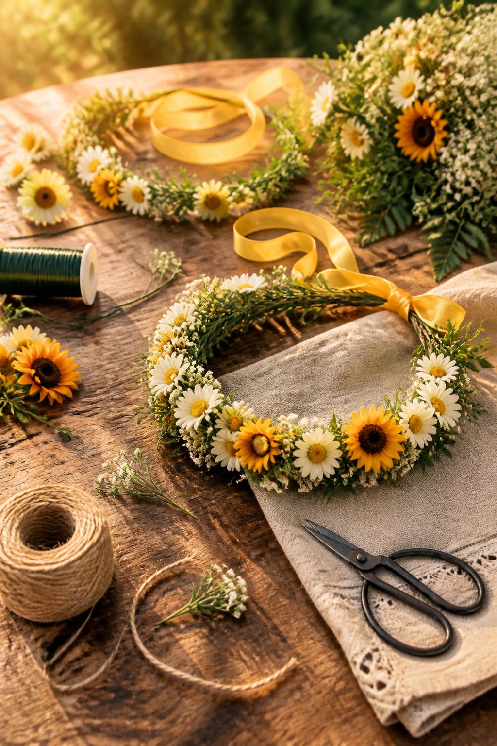 Detailed Image Prompt:
A beautiful summer solstice craft photo showing handmade flower crowns laid on a wooden table, faux daisies, small sunflowers, baby’s breath, greenery, yellow ribbon, floral wire, and twine arranged neatly, finished crown styled beside a linen napkin and garden scissors, soft outdoor golden-hour lighting, whimsical summer celebration mood, no people, no faces, no readable text, no watermark on images.