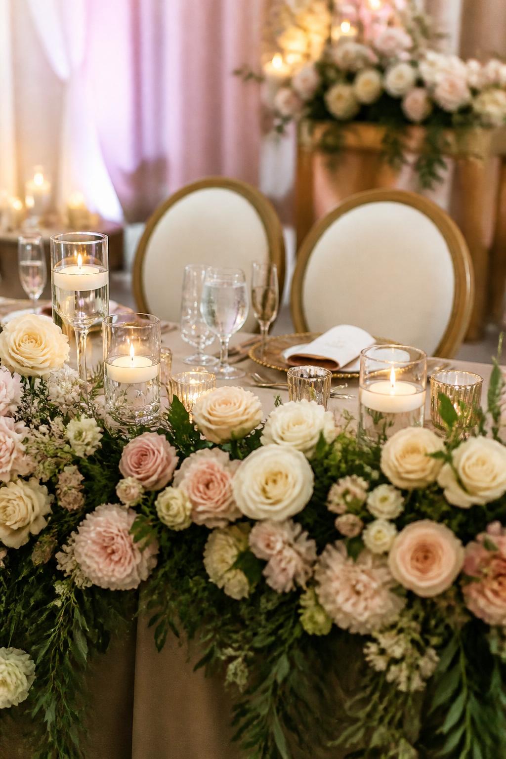 Image Prompt:
A high-end editorial wedding photo showing a sweetheart table with the entire front edge covered in lush flowers, including blush roses, ivory blooms, soft greenery, and romantic candlelight. Elegant chairs, beautiful place settings, warm reception lighting, no visible faces, no full people, realistic DSLR wedding photography, no text, (no watermarks on images)