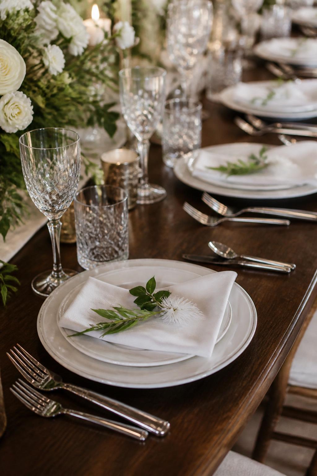 Image Prompt:
A close editorial wedding table photo focused on elegant place settings with white plates, folded linen napkins, a small green sprig and white floral detail placed neatly on each napkin, clear crystal glasses, and polished flatware. Romantic reception setting, no visible faces, no text, no watermark, realistic professional photography, (no watermarks on images)