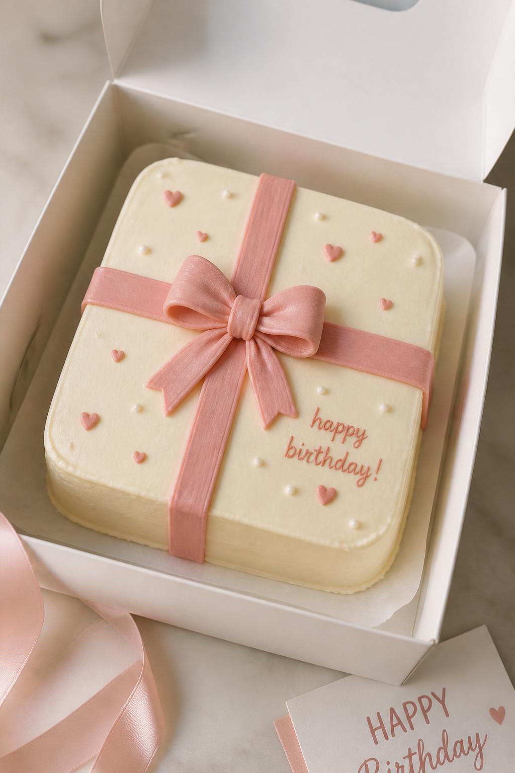 Image Prompt:
A cute gift box inspired bento birthday cake with soft cream frosting, a buttercream ribbon crossing the top like a wrapped present, small bow in the center, short birthday message, open white cake box, sweet celebratory styling, soft natural light, realistic bakery photography, no people, no hands, no faces, no watermarks on images