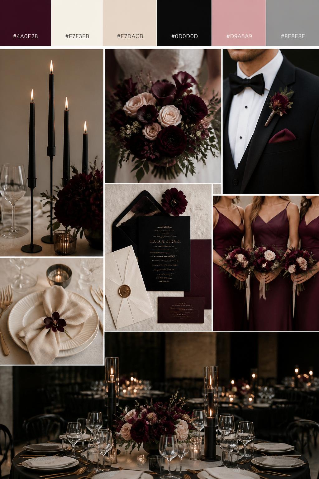 A modern wedding palette mood board featuring a top swatch strip with hex codes in mulberry, cream, soft beige, black, muted blush, and warm gray. Below, create a realistic collage of wedding visuals including modern black candlesticks, cream table settings, mulberry flowers, a sleek invitation suite, a groom in black formalwear with mulberry details, bridesmaid dresses in berry tones, and a refined reception setup. The mood should feel modern, dramatic, and elegant with real DSLR-quality detail. 9:16 vertical format. No extra text except small hex codes on the palette strip. (no watermarks on images)