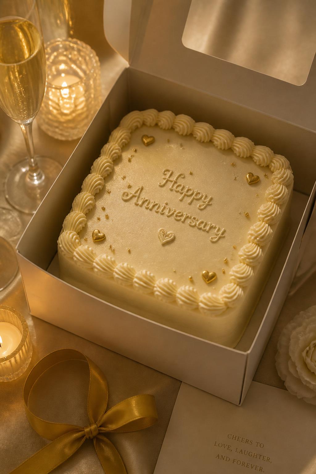 Image Prompt: A chic champagne-colored bento anniversary cake with smooth buttercream, soft shimmer, ivory piping, tiny gold hearts, and a small piped anniversary message. Place it inside a cream cake box with champagne glasses, gold ribbon, and warm candlelight around it. Make it elegant, romantic, and realistic, no people, no faces, no watermark. (no watermarks on images)