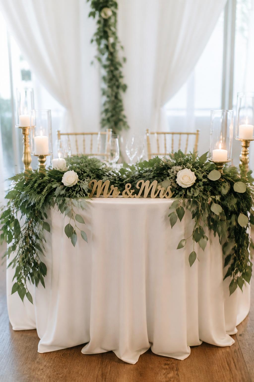Image Prompt:
A beautiful wedding sweetheart table styled with a lush greenery garland draped across the front, a small Mr and Mrs sign in the center, white roses, ivory candles, white linen, clear glassware, and gold accents. The reception setting is bright and elegant with soft natural light, no visible faces, no text apart from the Mr and Mrs sign, no watermark, professional DSLR wedding photo.