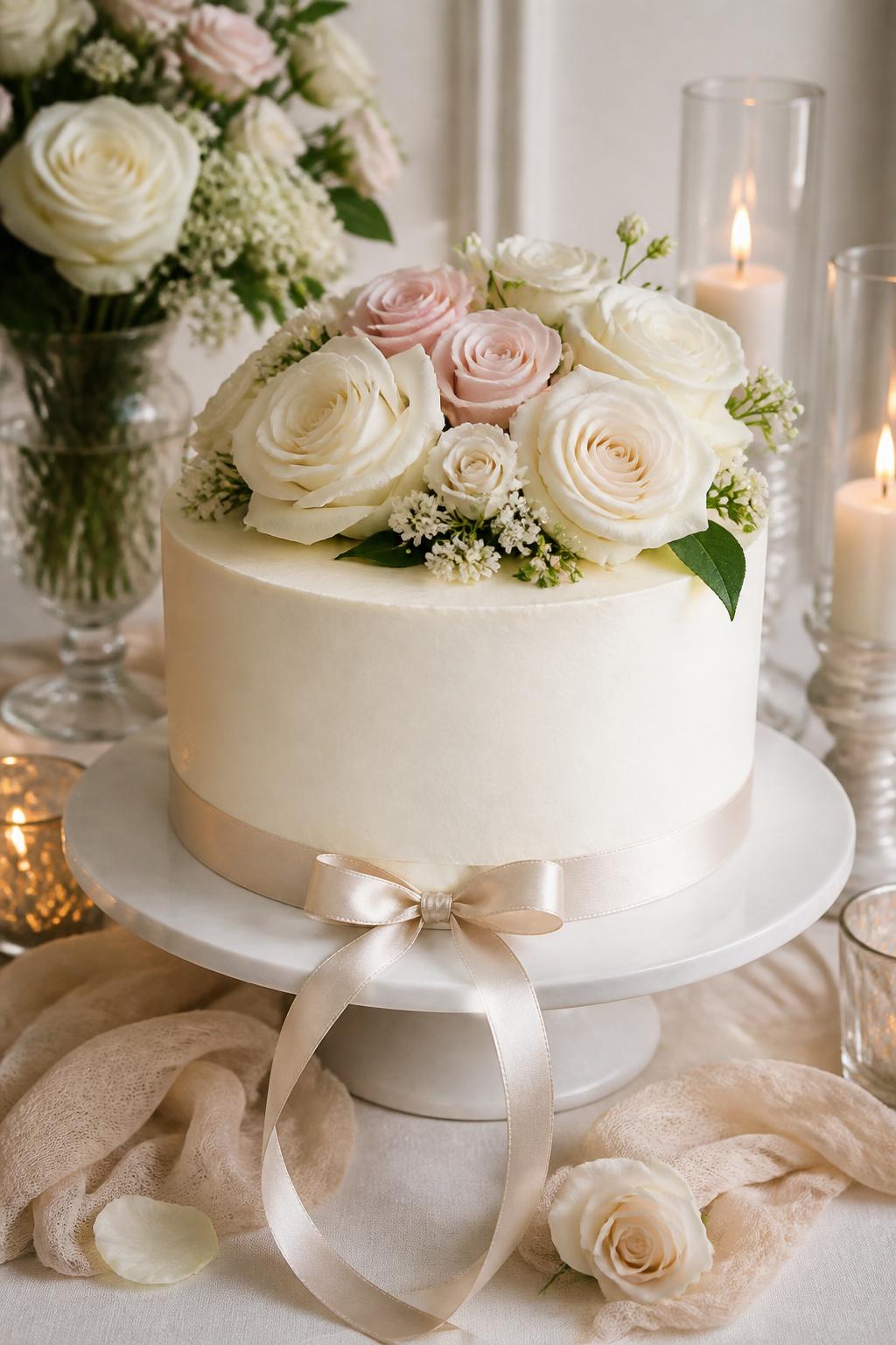 Image Prompt: A clean white anniversary cake with smooth buttercream, fresh white and blush roses, and a simple satin ribbon tied around the base. Style it on an elegant dessert table with glass candle holders, soft linen, and a refined neutral background. The cake should feel timeless, romantic, and high-end, with realistic floral texture, no people, no faces, no text overlay, no watermark. (no watermarks on images)