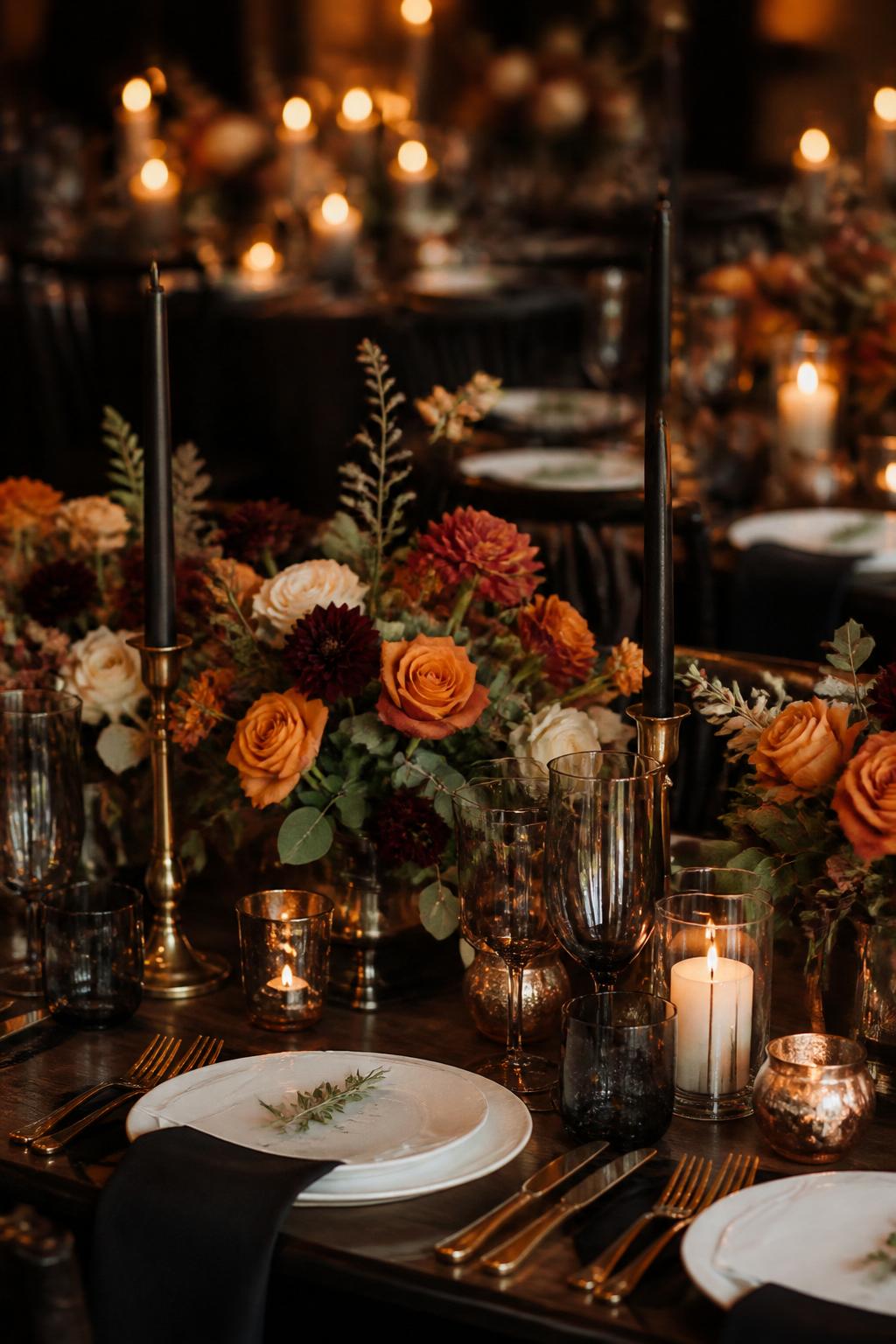 Image Prompt:
A dramatic wedding reception table styled with burnt orange flowers, burgundy blooms, ivory accents, dark greenery, black or gold candle holders, white plates, smoky glassware, and warm low lighting. Elegant evening reception setting, no visible faces, no text, no watermark, high-end DSLR wedding photography, (no watermarks on images)