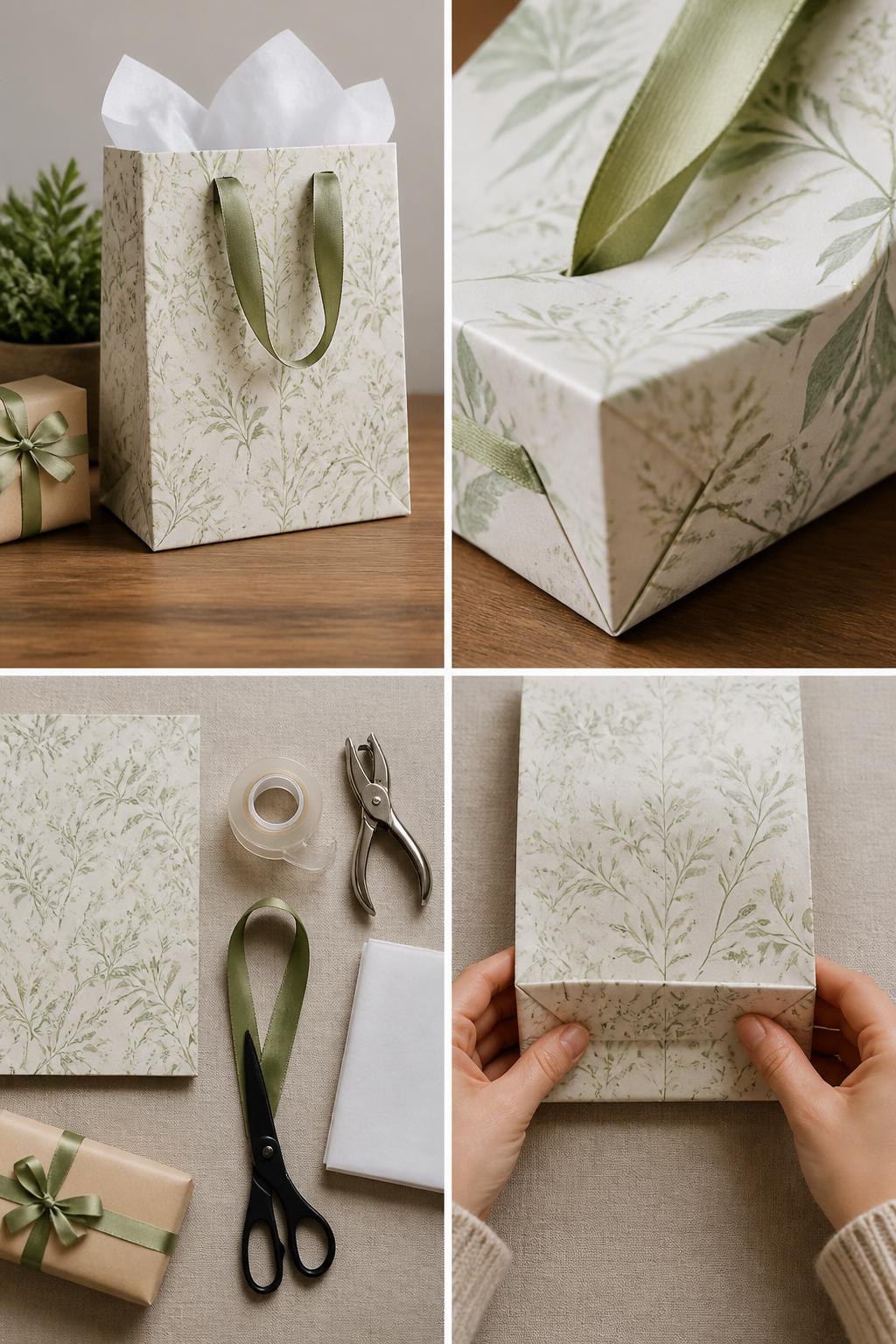 Detailed Image Prompt:
A realistic editorial 2x2 collage grid showing a handmade gift bag made from wrapping paper, top-left finished paper gift bag with folded base, ribbon handles, and tissue paper, top-right close-up of folded bottom and ribbon handle holes, bottom-left flat lay of wrapping paper, tape, hole punch, ribbon, scissors, tissue paper, and small gift, bottom-right cropped hands folding the base of a handmade paper bag, useful gift wrapping tutorial scene, no faces, no text, no watermark on images.