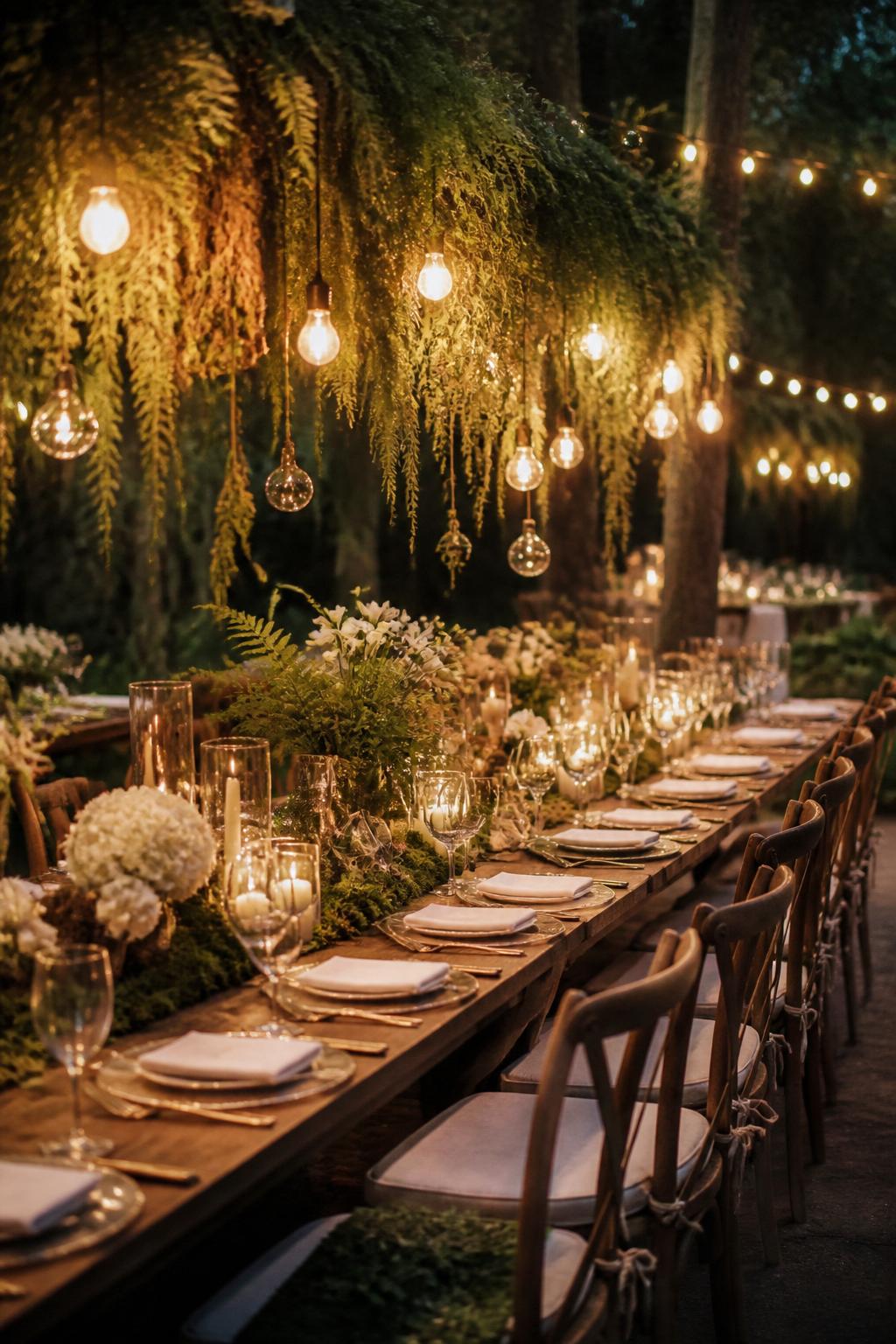 A magical editorial forest wedding reception photo showing a long table beneath hanging greenery installations and string lights, with table decor including ferns, moss touches, white flowers, candles, and elegant place settings. Outdoor woodland reception, soft evening glow, no visible faces, no text, no watermark, realistic DSLR photography.