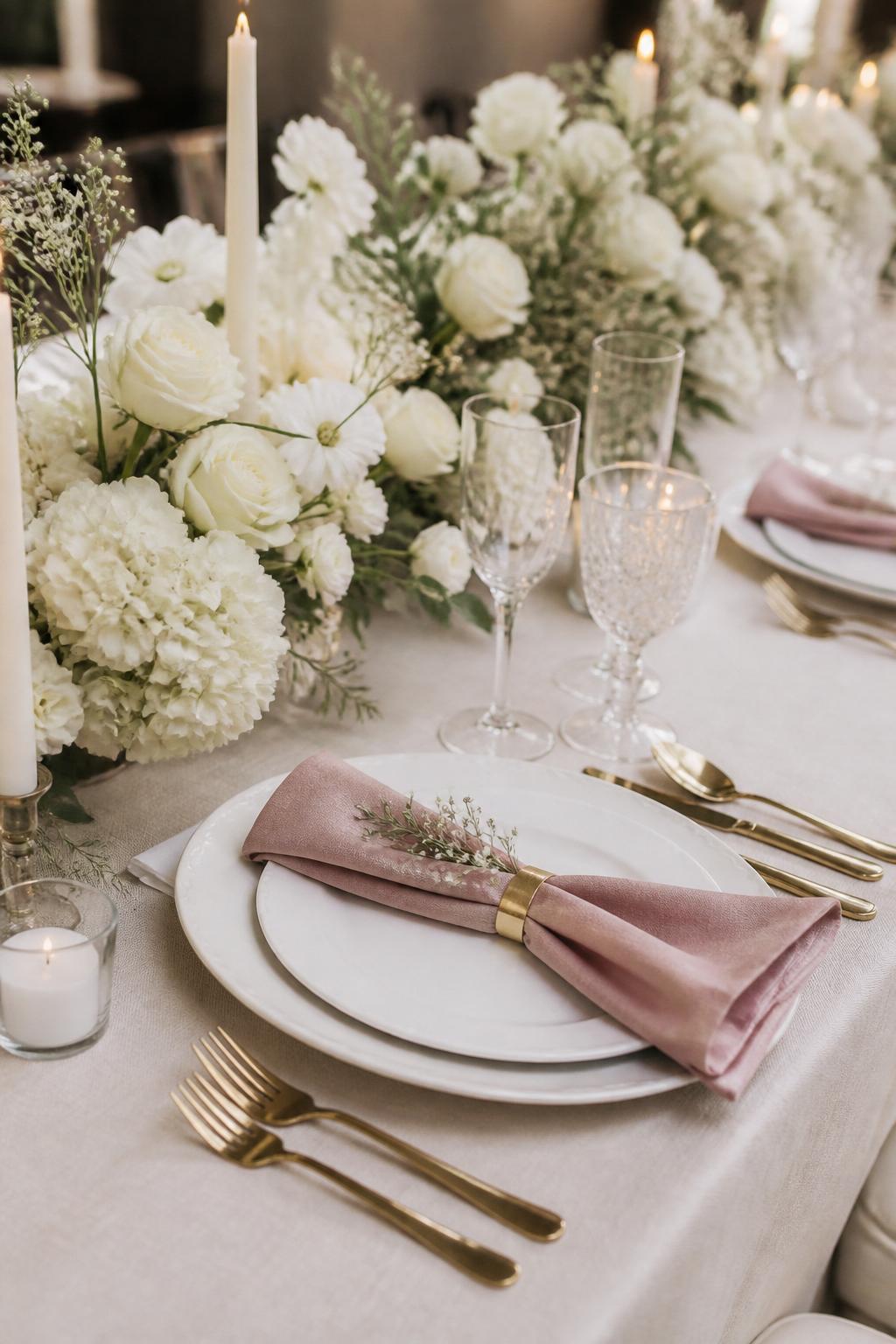 A close editorial wedding table photo focused on dusty rose linen napkins folded neatly over white plates, paired with white floral centerpieces, gold flatware, crystal glasses, ivory candles, and soft neutral linen. Refined wedding reception setting, no visible faces, no text, no watermark, realistic professional wedding photography, (no watermarks on images)