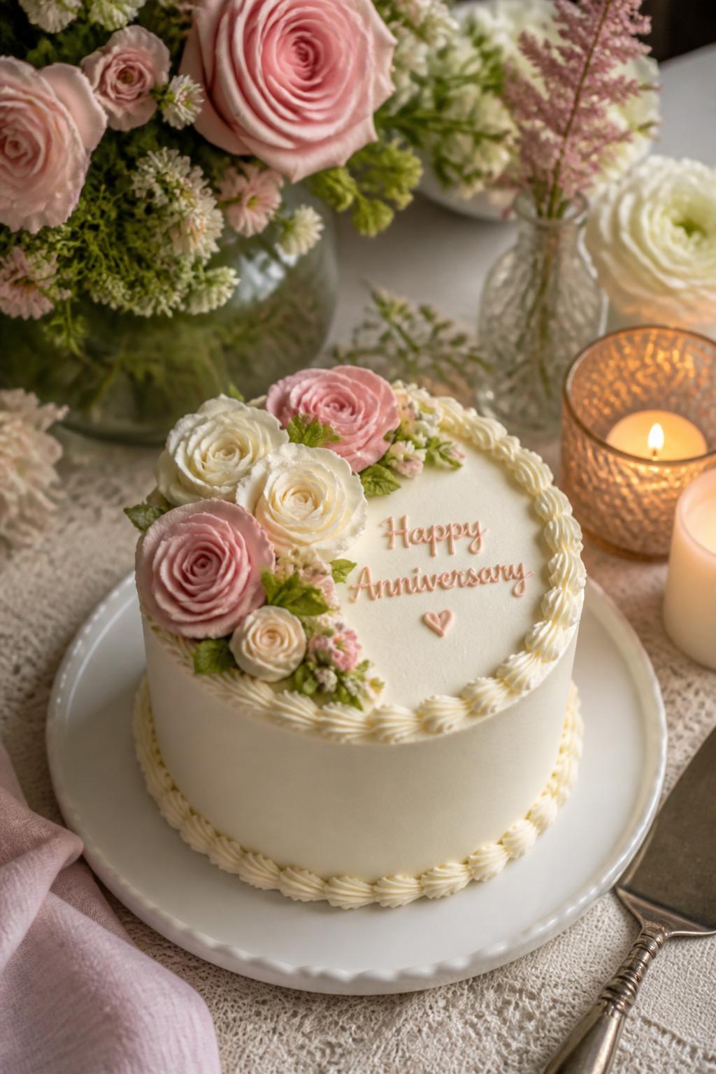 Image Prompt: A small anniversary mini cake with smooth ivory buttercream, tiny buttercream roses in blush, cream, and soft pink, green leaf details, and delicate piped borders. Style it on a garden-inspired dessert table with linen, candles, and fresh flowers. Make it romantic, fresh, and realistic, no people, no faces, no watermark. (no watermarks on images)