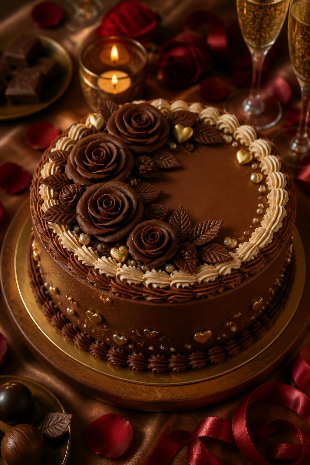 Image Prompt: A romantic chocolate anniversary cake with smooth chocolate buttercream, handmade chocolate roses, soft cream piping, tiny gold hearts, and pearl dots. Style it on a warm dessert table with candles, rose petals, champagne glasses, and satin ribbon. Make it sweet, detailed, and realistic, with rich chocolate texture, no people, no faces, no text overlay, no watermark. (no watermarks on images)
