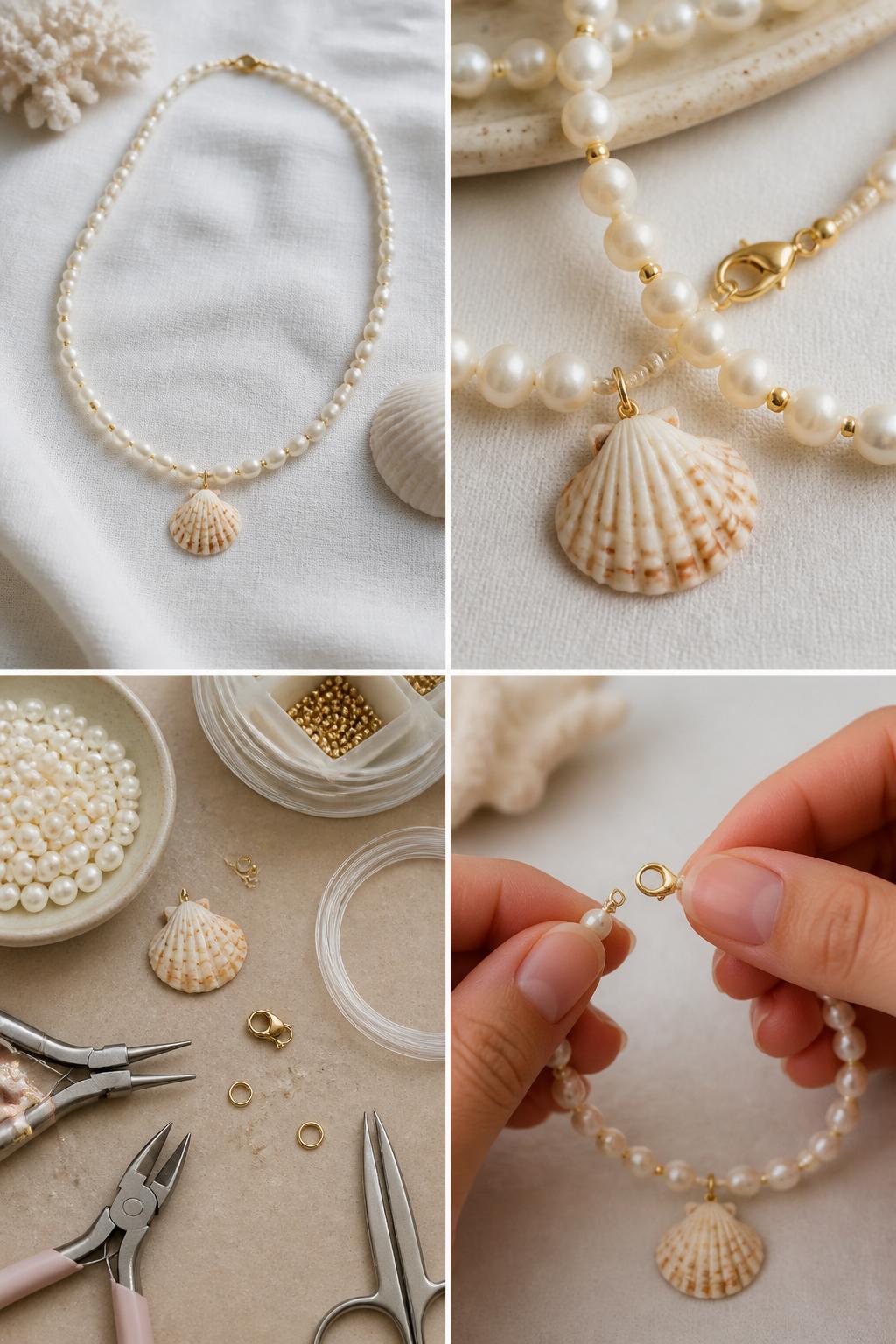 Detailed Image Prompt:
A realistic editorial 2x2 collage grid showing a handmade freshwater pearl and shell summer necklace, top-left finished necklace with tiny freshwater pearls and one small shell pendant styled on white linen, top-right close-up of pearl texture, shell charm, clasp, and delicate knot details, bottom-left flat lay of freshwater pearls, shell charm, beading wire, clasp, crimp beads, jewelry pliers, scissors, and bead tray, bottom-right cropped hands attaching the clasp to the pearl strand, soft coastal summer jewelry craft styling, no faces, no text, no watermark on images.