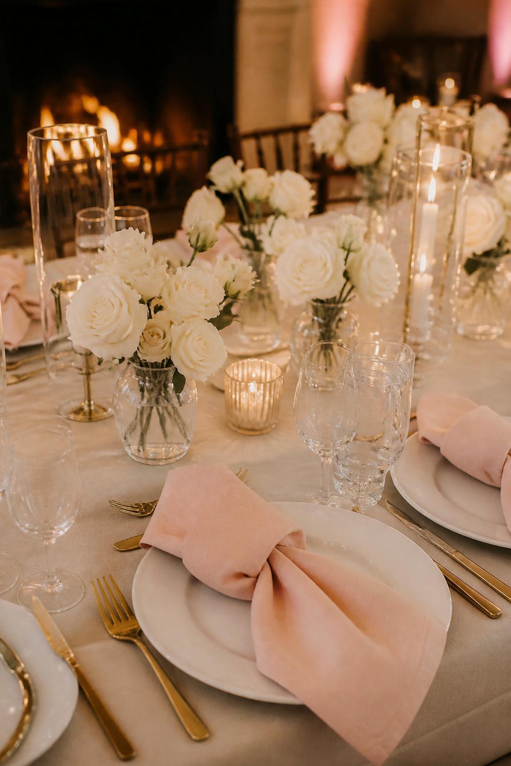 Image Prompt:
A pretty civil wedding table photo showing soft pink linen napkins, white roses in small vases, white plates, gold flatware, clear glasses, and warm soft lighting. Intimate indoor wedding reception setting, no visible faces, no text, no watermark, realistic DSLR wedding photography, (no watermarks on images)