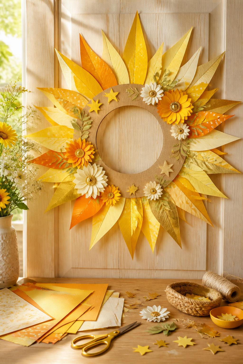 Detailed Image Prompt:
A magical summer solstice craft photo showing a handmade golden sun paper wreath, layered yellow, gold, orange, and cream paper rays arranged around a round cardboard ring, small paper flowers, tiny stars, and leaf accents added around the edges, displayed on a light wooden door with warm natural sunlight, craft supplies nearby on a table, bright seasonal styling, no people, no faces, no readable text, no watermark on images.