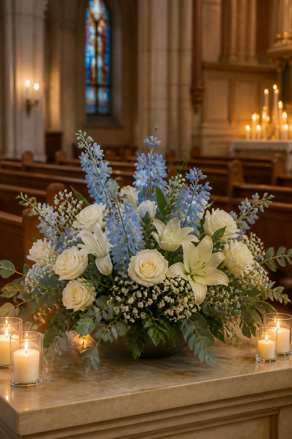 Image Prompt:
A peaceful church memorial flower arrangement with white roses, cream lilies, soft blue delphiniums, eucalyptus, and small white filler flowers arranged in a low wide vessel, surrounded by simple glass candles, wooden church pews in the background, soft warm candlelight, no people, no faces, calm respectful church setting, realistic floral detail, professional editorial photography, no text, no watermark.