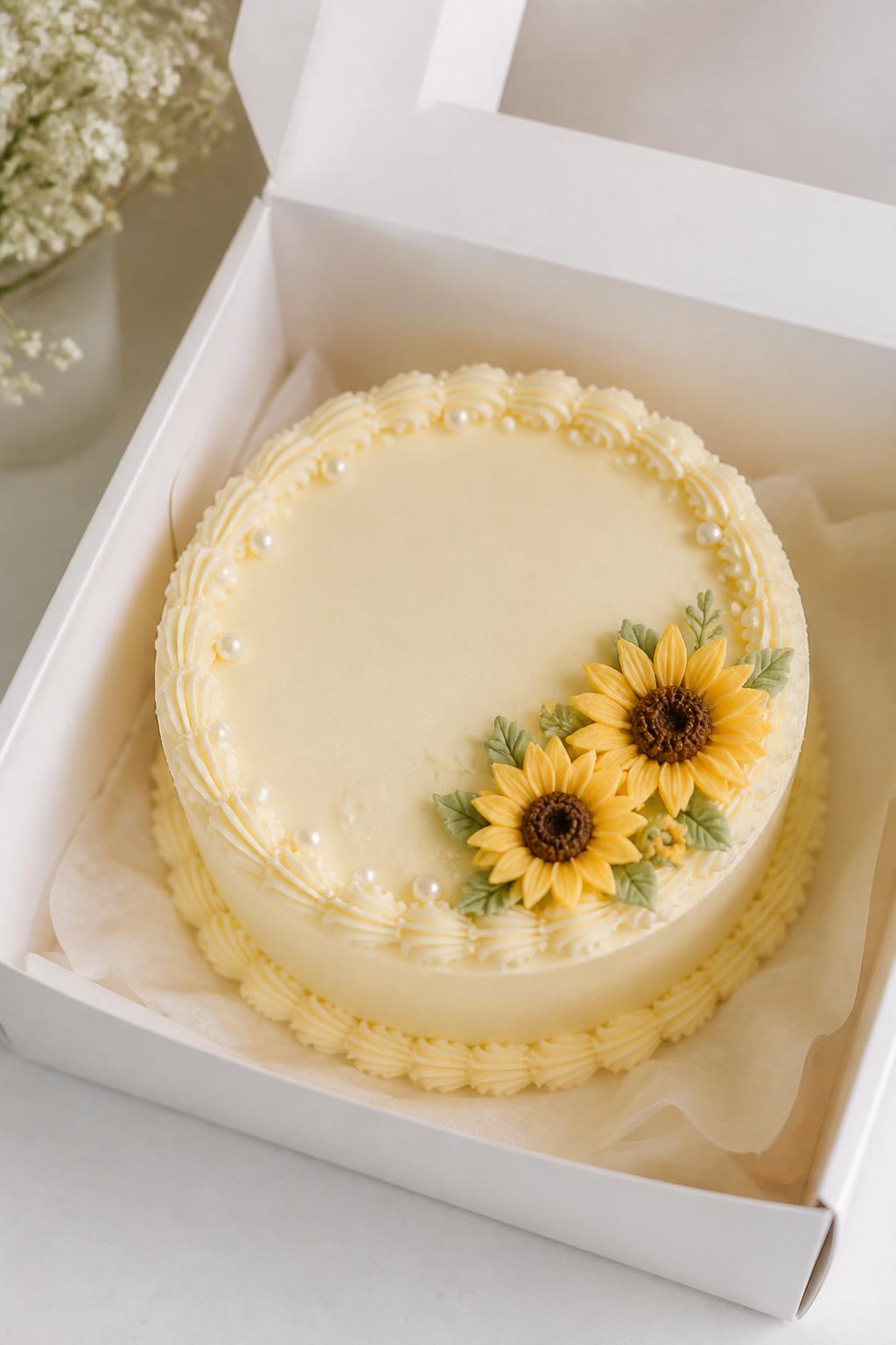 Image Prompt:
A beautiful sunflower pearl bento cake inside a white cake box, smooth ivory frosting, tiny edible pearl accents placed neatly around the top edge, small sunflower details in one corner, elegant piped border, soft refined bakery styling, clean backdrop, realistic editorial dessert photography, no people, no hands, no faces, no watermarks on images