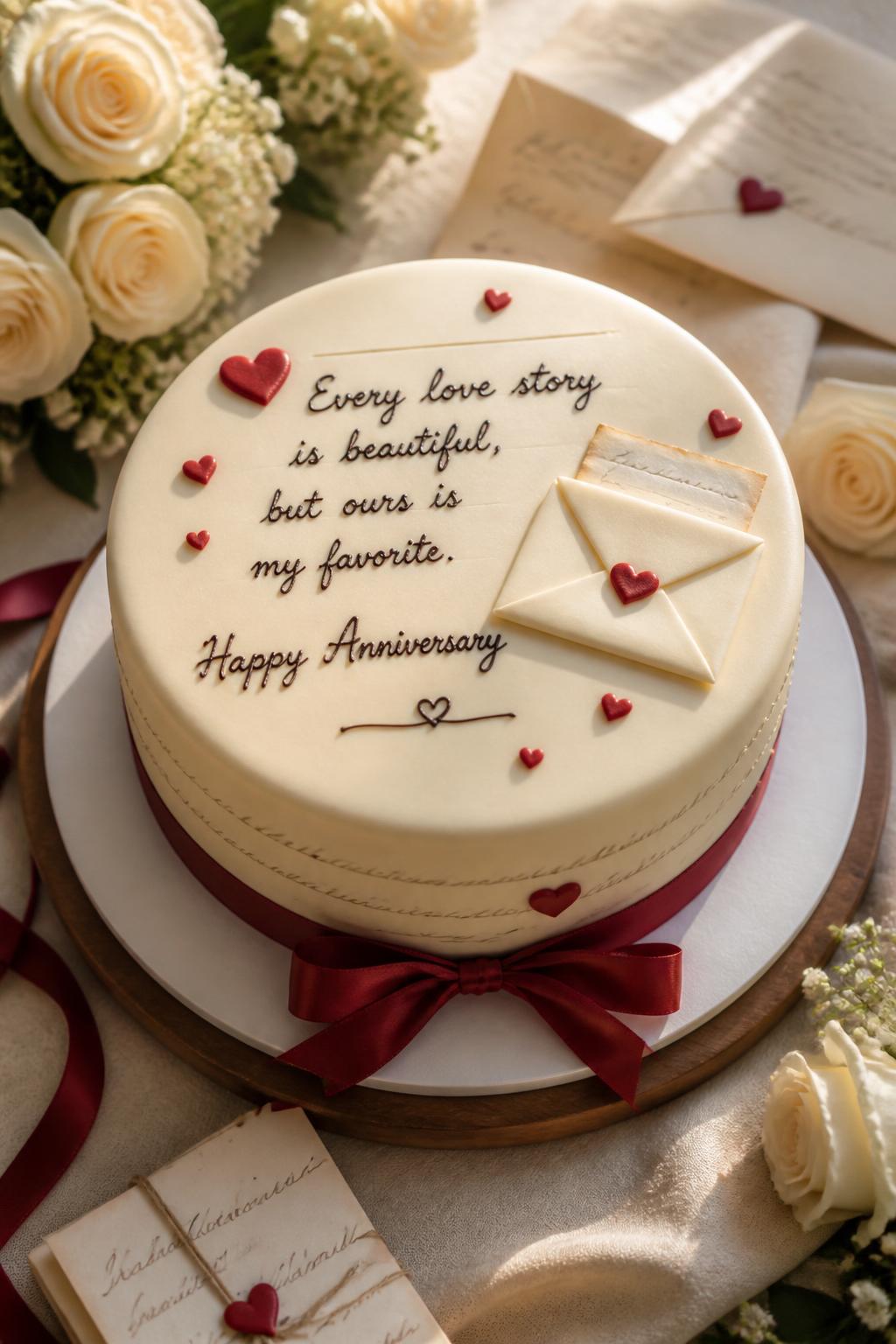 Image Prompt: A creative love letter anniversary cake designed with smooth ivory fondant, a tiny edible envelope detail, soft red heart accents, and delicate handwritten-style piped lettering. Style it on a romantic dessert table with folded love notes, cream roses, satin ribbon, and warm daylight. Make it realistic, elegant, and sentimental, no people, no faces, no watermark. (no watermarks on images)