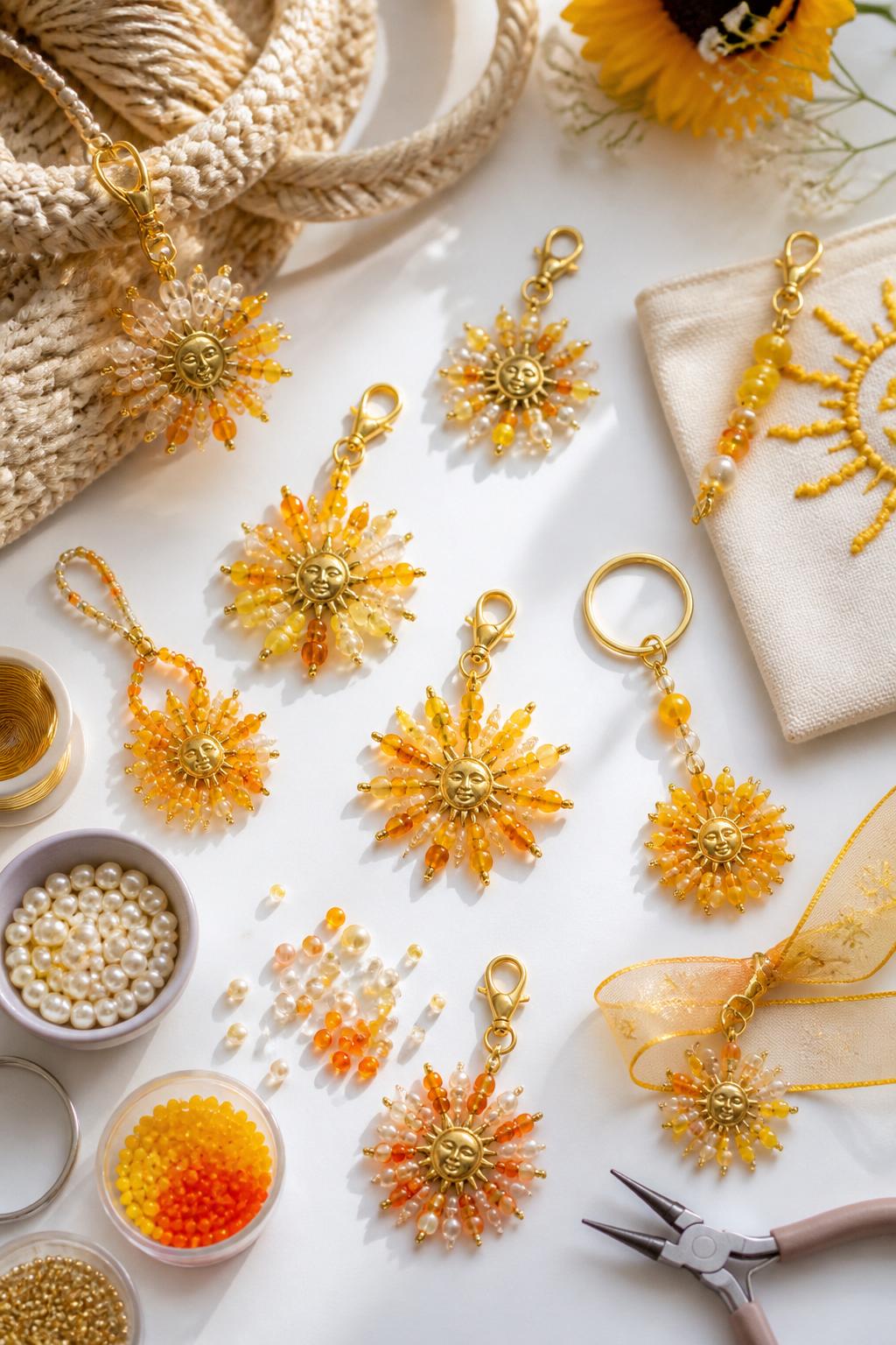 Detailed Image Prompt:
A pretty summer solstice craft photo showing handmade beaded sun charms, gold, yellow, orange, pearl, and clear beads arranged around small sun pendants, finished charms clipped to bags, keyrings, and ribbons, craft wire, beads, and small pliers on a clean white table, warm handmade accessory styling, no hands, no faces, no readable text, no watermark on images.