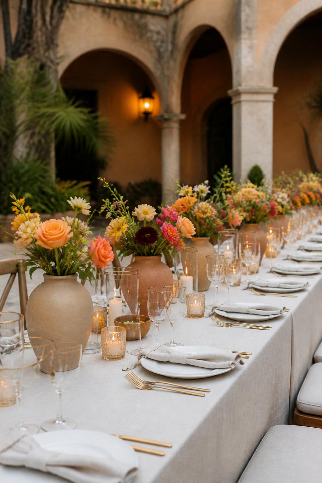 Image Prompt:
An editorial wedding reception photo showing a long table decorated with handmade clay vases filled with colorful garden flowers in orange, yellow, pink, red, and white. Add natural linen, ceramic plates, gold flatware, clear glasses, and small candle votives. The setting is a warm hacienda-style venue or courtyard reception, no visible faces, no text, no watermark, realistic DSLR wedding photography.