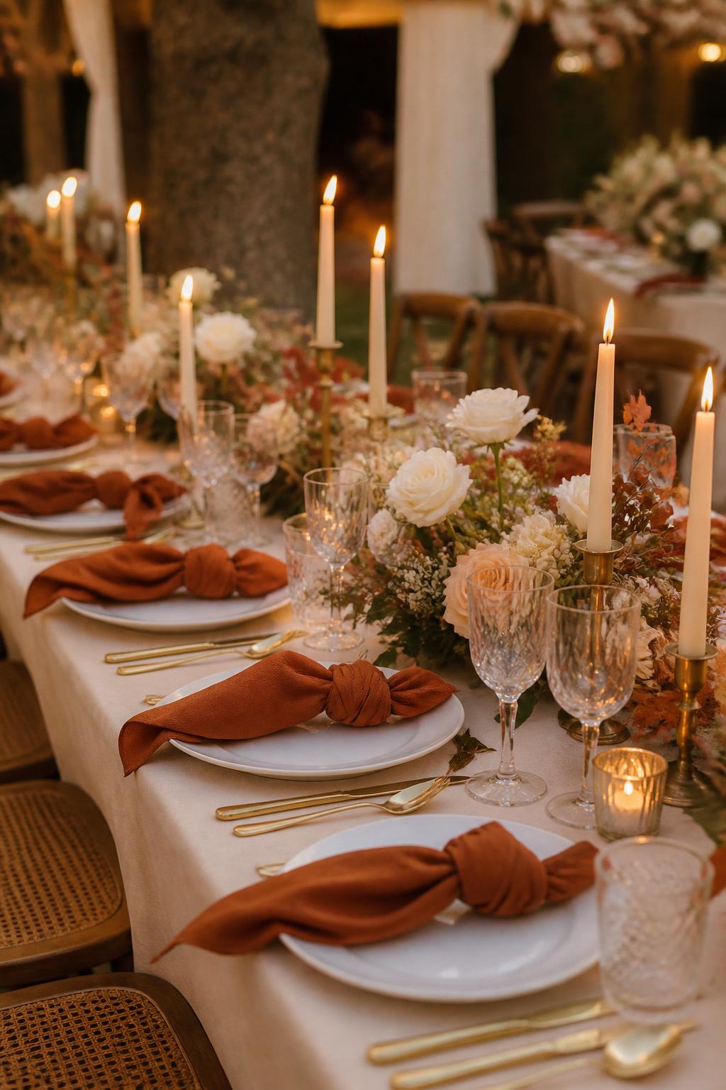 Image Prompt:
A professional editorial wedding reception photo showing a long rectangle autumn wedding table styled with burnt orange linen napkins, low white floral centerpieces, ivory roses, soft greenery, ivory taper candles, white plates, gold flatware, and clear crystal glasses. Warm indoor or outdoor fall wedding reception setting, no visible faces, no full people, table-focused composition, realistic DSLR wedding photography, no text, no watermark, (no watermarks on images)