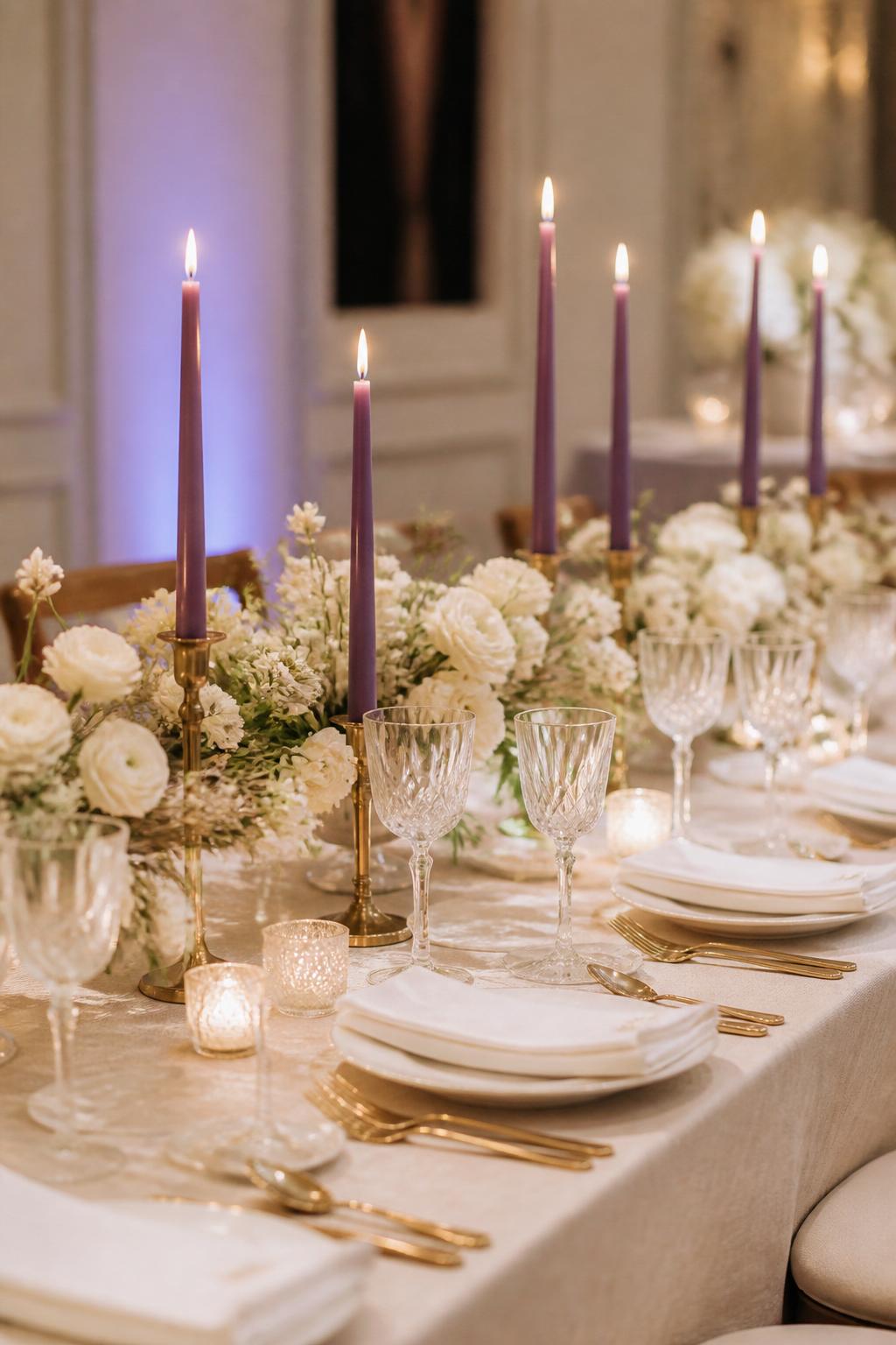 Image Prompt:
A refined wedding table featuring amethyst purple taper candles in elegant holders, neutral ivory linen, white plates, crystal glasses, gold flatware, low white floral arrangements, and soft romantic lighting. Elegant reception setting, no visible faces, no text, no watermark, realistic DSLR editorial photography, (no watermarks on images)