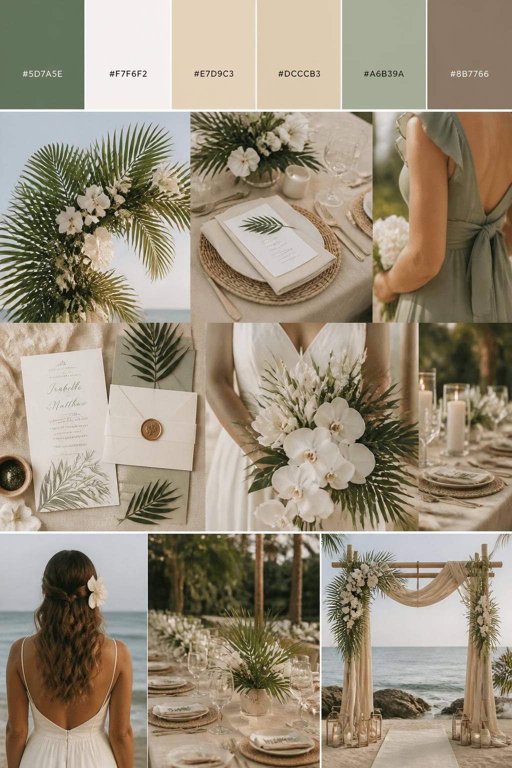 A realistic vertical wedding mood board with a top palette strip showing hex codes in palm green, coconut white, beige, soft sand, muted sage, and warm taupe. Below the swatches, show a romantic collage of palm leaves, white tropical flowers, beige table linens, coastal table settings, invitation styling, a bouquet held in front of the body with no face visible, cropped bridesmaid dress details, and warm ceremony decor by the beach. Use varied no-face compositions such as side views, back views, hand-held bouquet close-ups, and no-people tablescape shots. DSLR realism, Pinterest-style collage layout, 9:16 vertical format. (no watermarks on images)