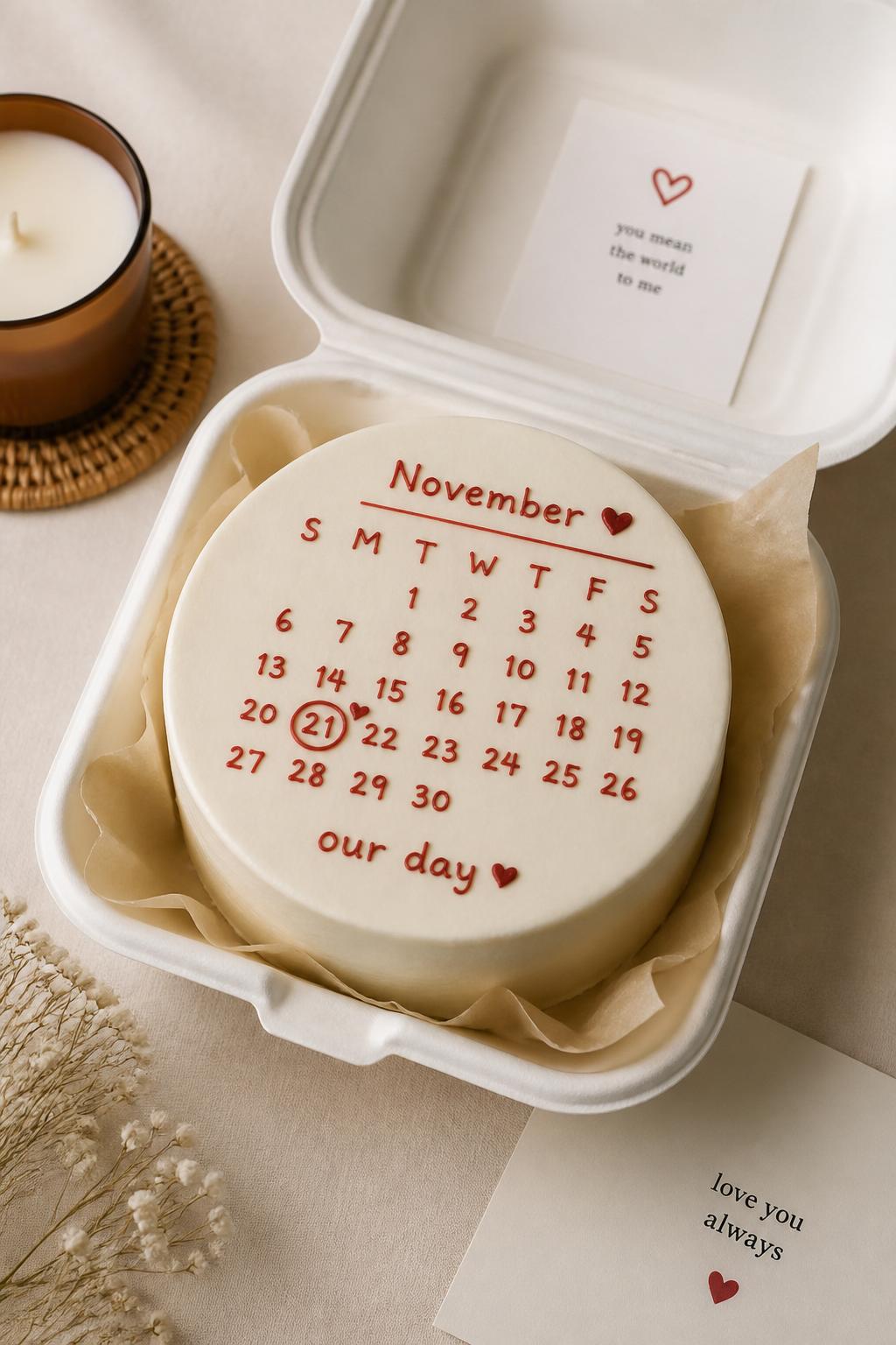 Image Prompt:
A personalized boyfriend bento cake designed like a tiny calendar page, smooth white frosting, thin red icing calendar lines, one special date circled with a tiny heart, small text reading “our day,” placed in an open white bento box, clean romantic flat lay styling, soft beige background, realistic editorial bakery photography, no people, no hands, no faces, no watermarks on images