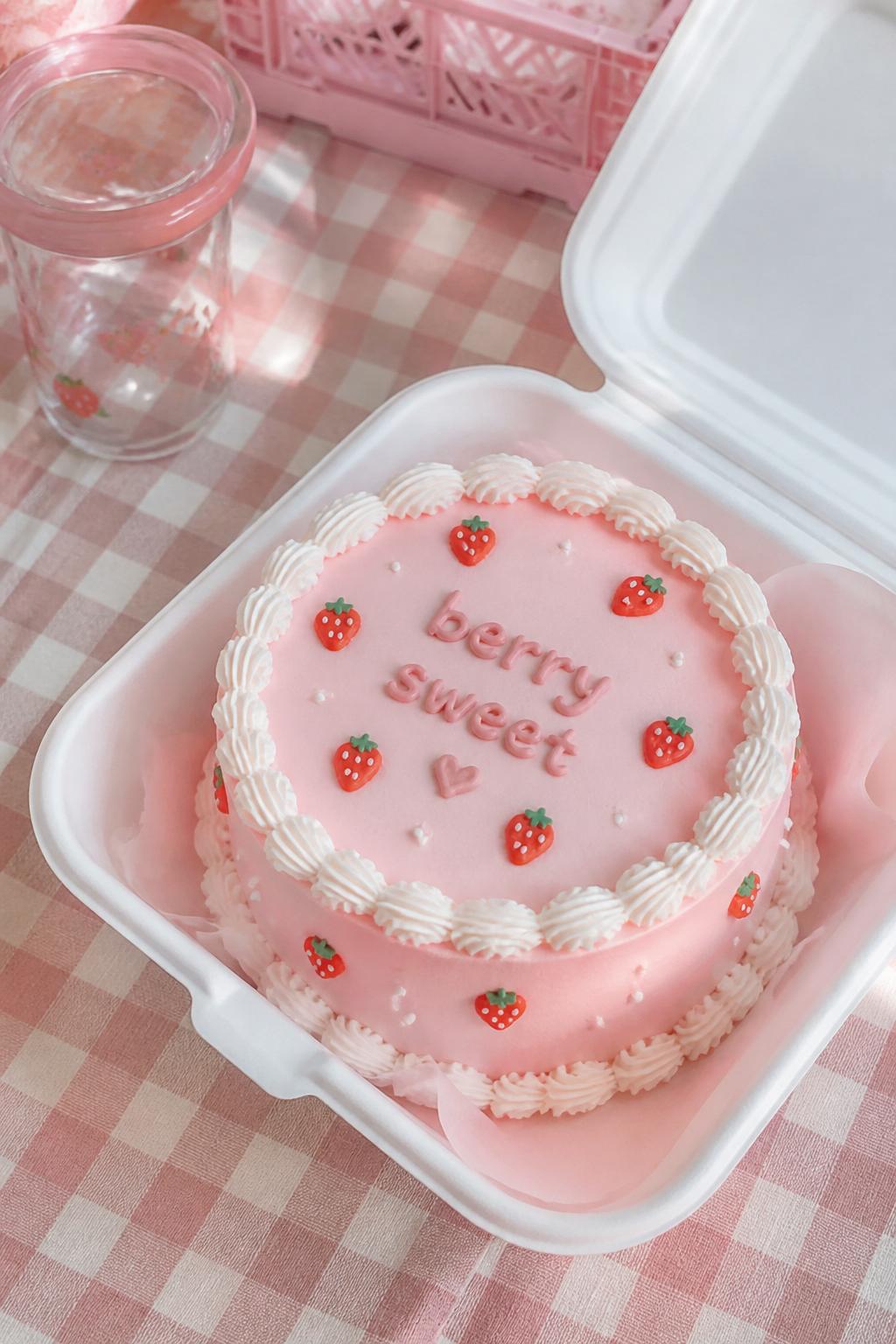 A cute strawberry milk inspired pink bento cake in an open white cake box, pale strawberry pink frosting, tiny strawberry illustrations, white piped border, soft playful styling, pastel table setting, bright natural light, realistic bakery style photography, no people, no hands, no faces, no watermarks on images