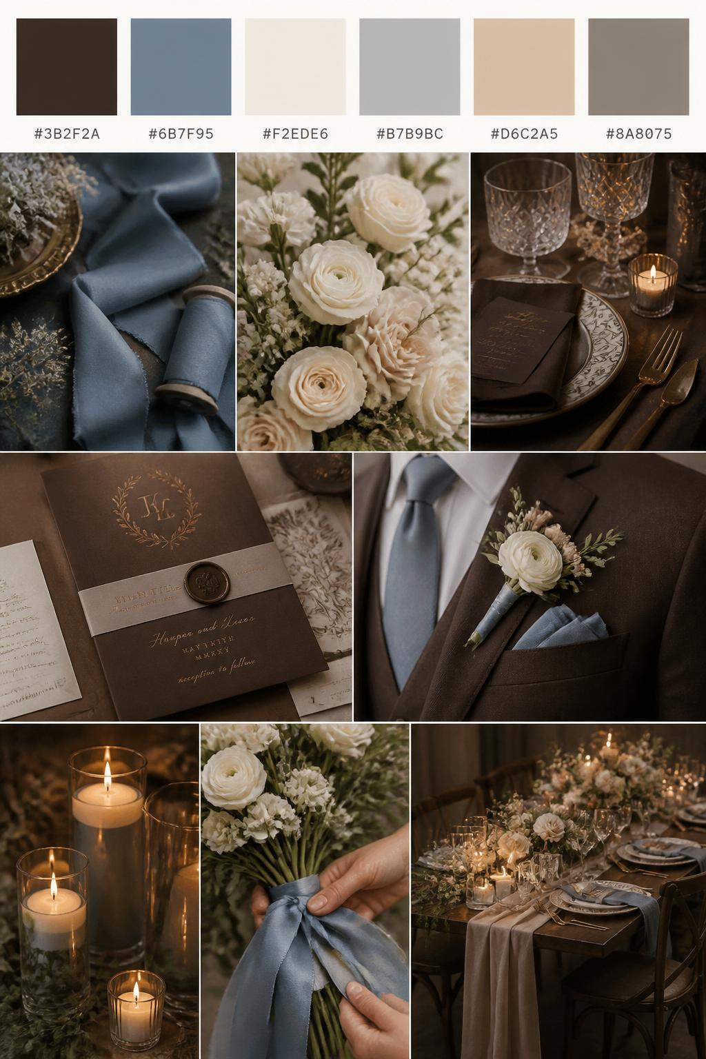 A realistic wedding inspiration mood board with a top row of swatches and small hex codes in espresso brown, dusty blue, cream, soft gray, warm beige, and muted taupe. Under the palette strip, show a polished collage of dusty blue ribbon, cream flowers, espresso table details, brown stationery, soft candlelight, a cropped groom suit detail with boutonniere and no face visible, hands tying ribbon around a bouquet, and a romantic no-people reception table. Use only back views, side views, detail crops, and no-people decor scenes to avoid face issues. DSLR-style realism, 9:16 vertical format. (no watermarks on images)