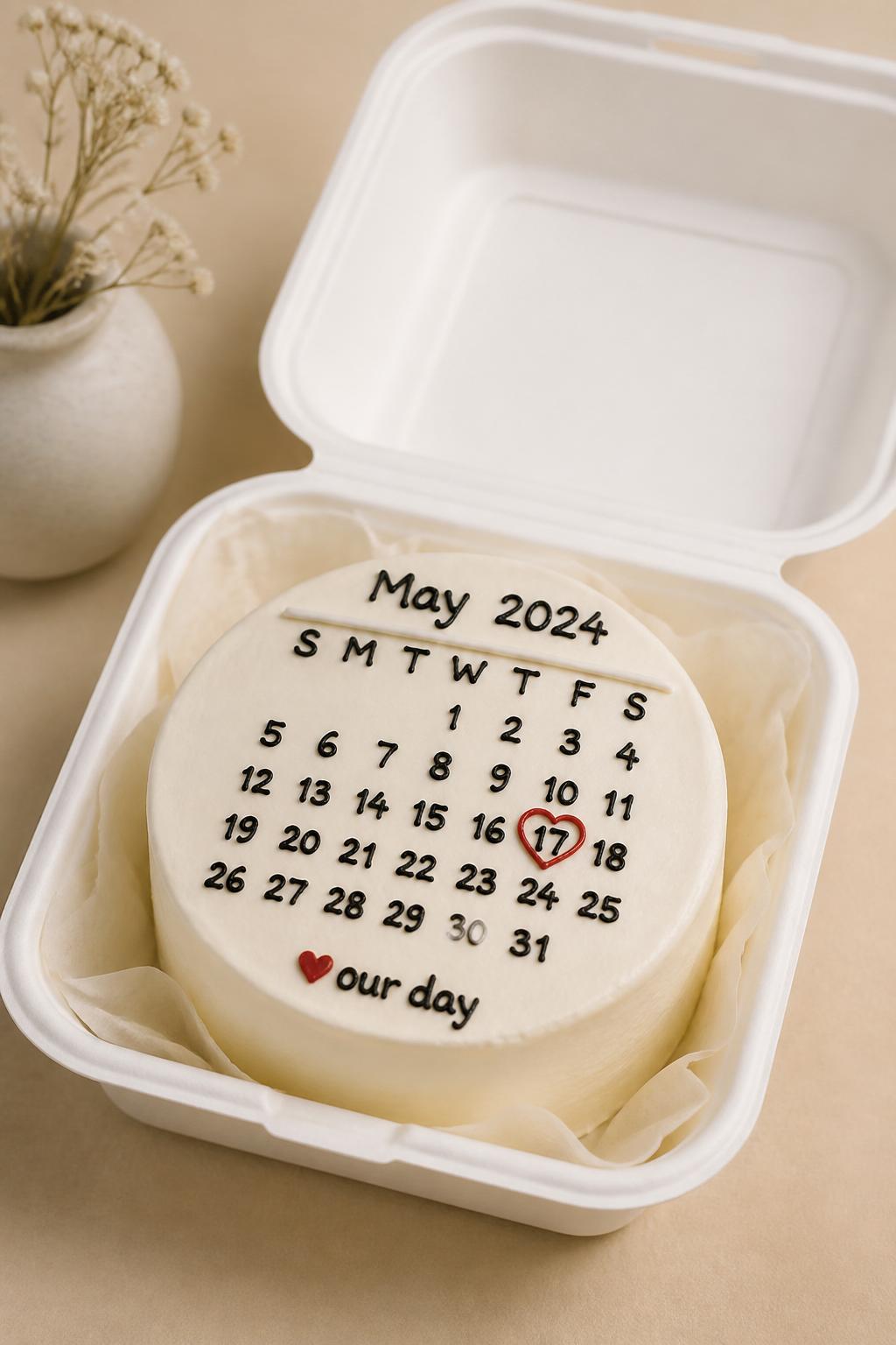 Image Prompt:
A cute anniversary bento cake designed like a tiny calendar page, smooth white frosting, neat icing calendar lines, one special date circled with a red heart, small text reading “our day,” placed in an open white bento cake box, clean editorial styling, soft beige background, realistic bakery photography, no people, no hands, no faces, no watermarks on images