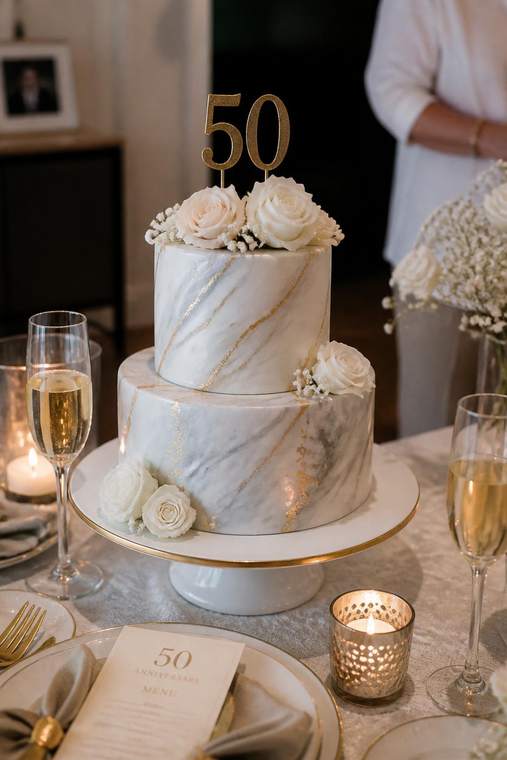 Image Prompt: Ultra-realistic 50th wedding anniversary party photo of a classy marble and gold anniversary cake with soft white, beige, or gray marbled icing, delicate gold accents, and an elegant number "50" topper. Place the cake on a modern dessert table with candles, neutral florals, champagne glasses, sleek tableware, and a softly blurred anniversary dinner backdrop. Keep the cake as the main subject. No visible faces. If people appear, show only cropped torsos, hands, side views, or back views. Realistic marbled texture, subtle gold shine, DSLR editorial event photography. (no watermarks on images)