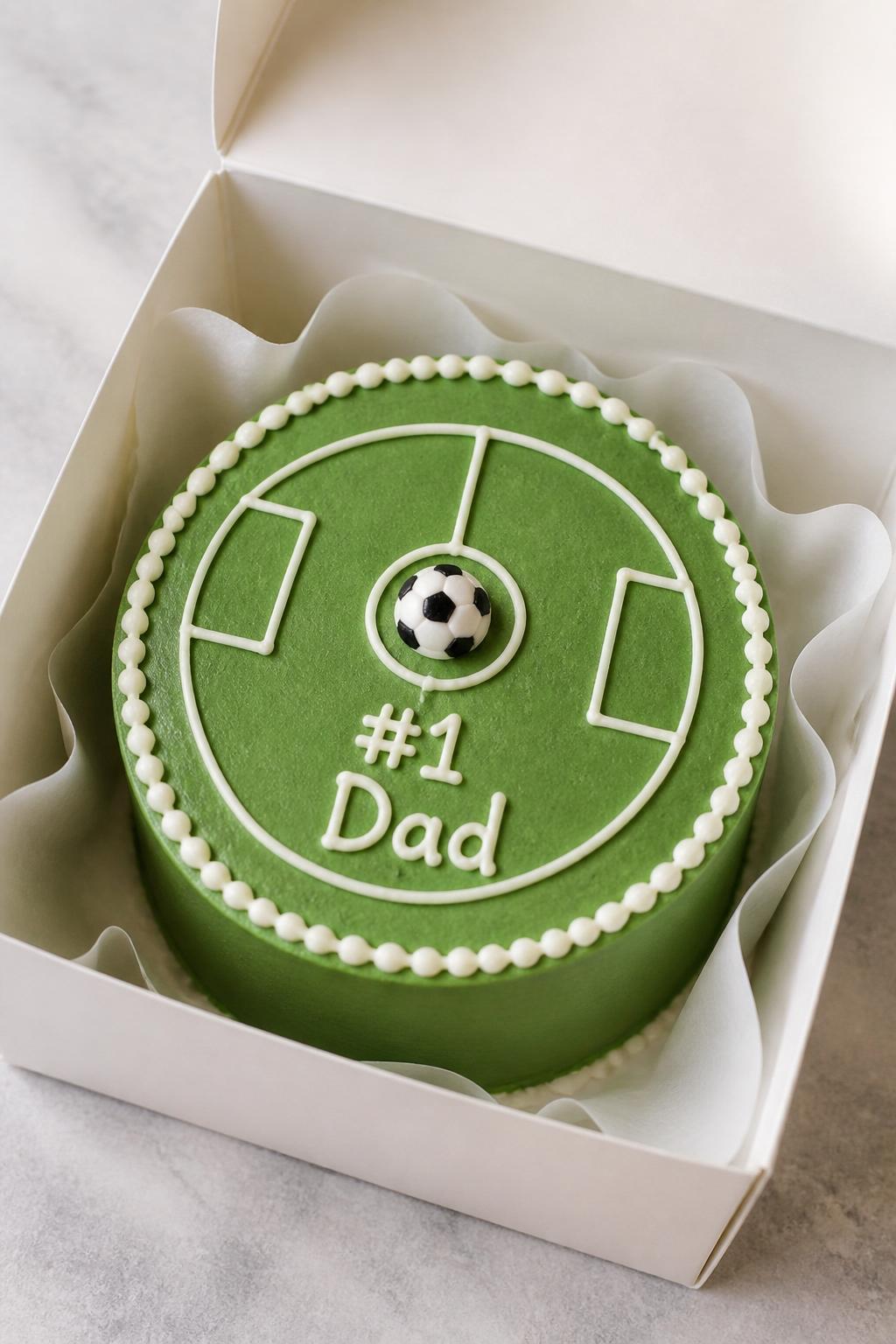 Image Prompt:
A lovely sports themed Father’s Day bento cake inside an open white bento cake box, smooth green frosting like a field, simple white icing lines, tiny ball detail in the center, neat border, short message reading “#1 Dad,” sporty modern styling, realistic bakery photography, no people, no hands, no faces, no watermarks on images