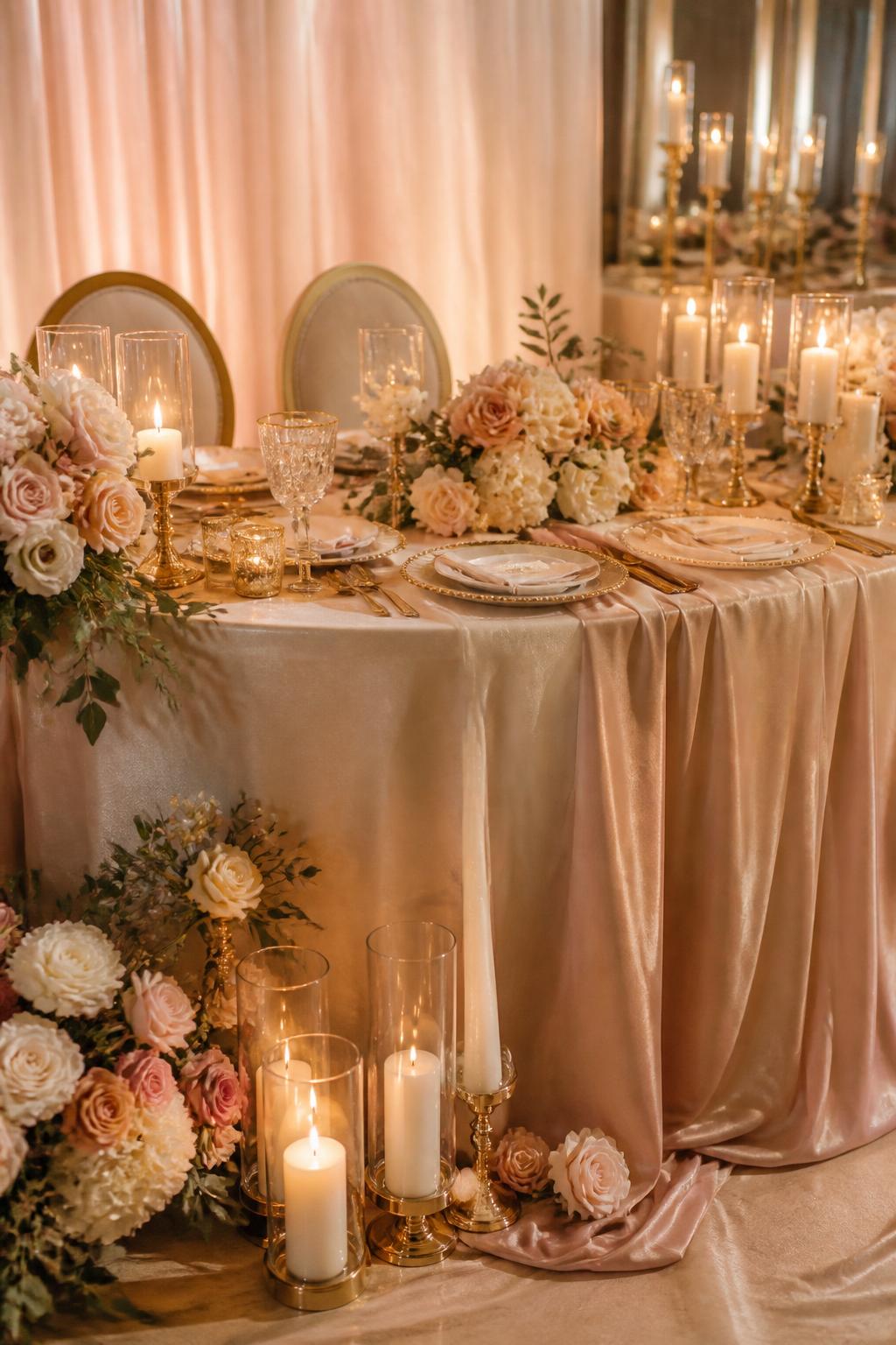 Image Prompt:
An elegant wedding sweetheart table decorated in blush and gold tones, with blush flowers, ivory blooms, gold candle holders, champagne satin runner, gold-rimmed plates, crystal glasses, and a warm romantic glow. No visible faces, no full people, indoor reception setting, realistic editorial wedding photography, no text, (no watermarks on images)