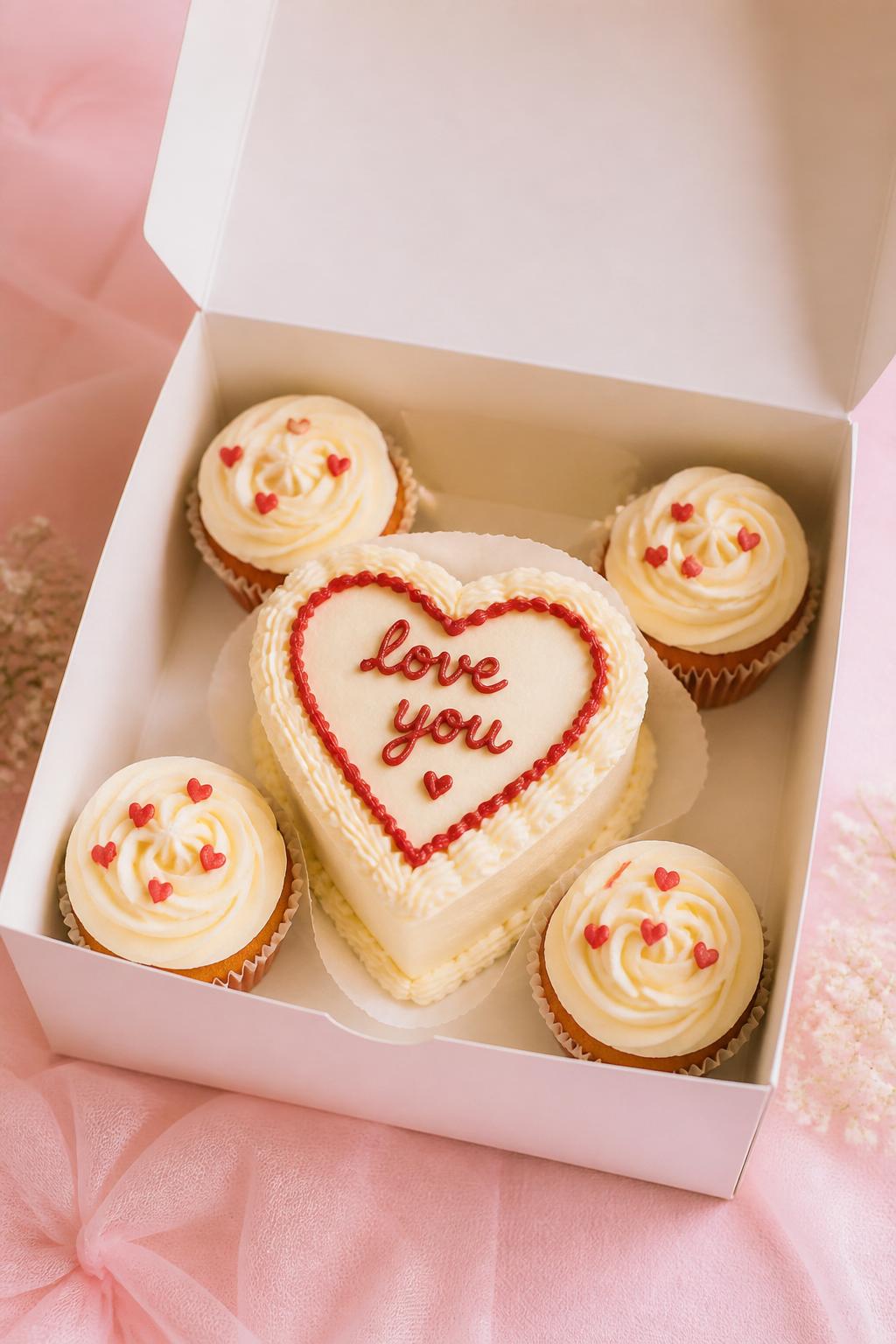 Image Prompt:
A romantic heart shaped bento cake with cupcakes set inside an open white bakery box, one small heart bento cake in the center with cream frosting and red heart piping, surrounded by four matching cupcakes topped with tiny red hearts and soft swirled frosting, sweet romantic styling, soft pastel background, realistic bakery photography, no people, no hands, no faces, no watermarks on images