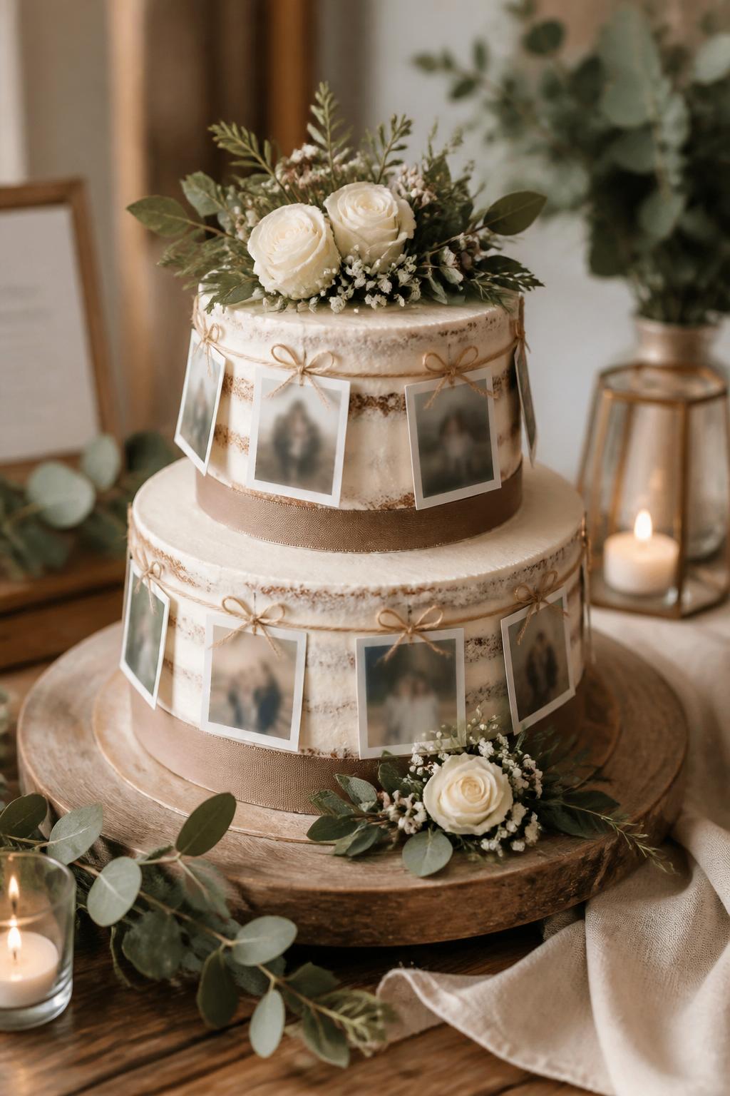 Image Prompt: A rustic anniversary cake with semi-naked buttercream, tiny edible photo tags attached around the cake with twine-style fondant details, fresh greenery, cream flowers, and soft brown ribbon accents. Style it on a wooden dessert table with candles, neutral linen, and warm natural light. Make the photo tags softly blurred with no clear visible faces, realistic rustic cake texture, no people, no faces, no watermark. (no watermarks on images)
