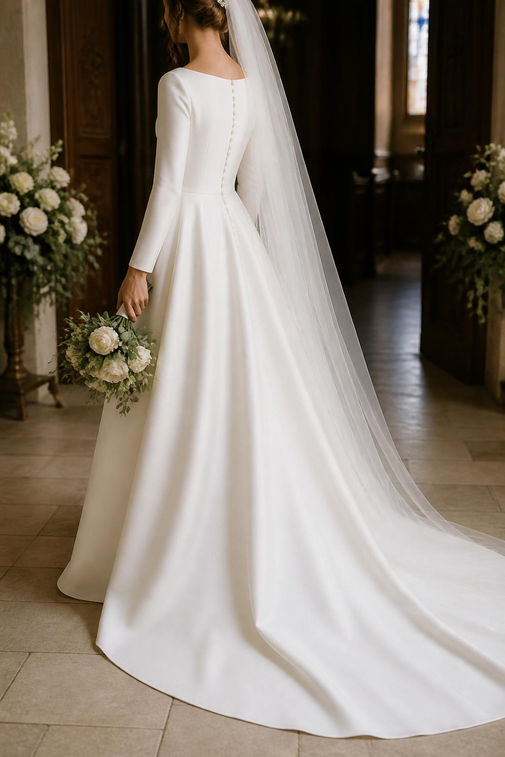 Image Prompt: A high-fashion bridal editorial photograph of a bride wearing a boat neck Christian wedding dress with a fitted bodice and flowing skirt, photographed in a church entrance or chapel hall. Show the dress from the neck down or from a back three-quarter view so the face does not appear. Highlight the neckline shape, the modest fit, and the graceful silhouette. Use soft neutral tones, realistic lighting, polished bridal styling, editorial magazine quality, no visible face, no text, no watermark. (no watermarks on images)