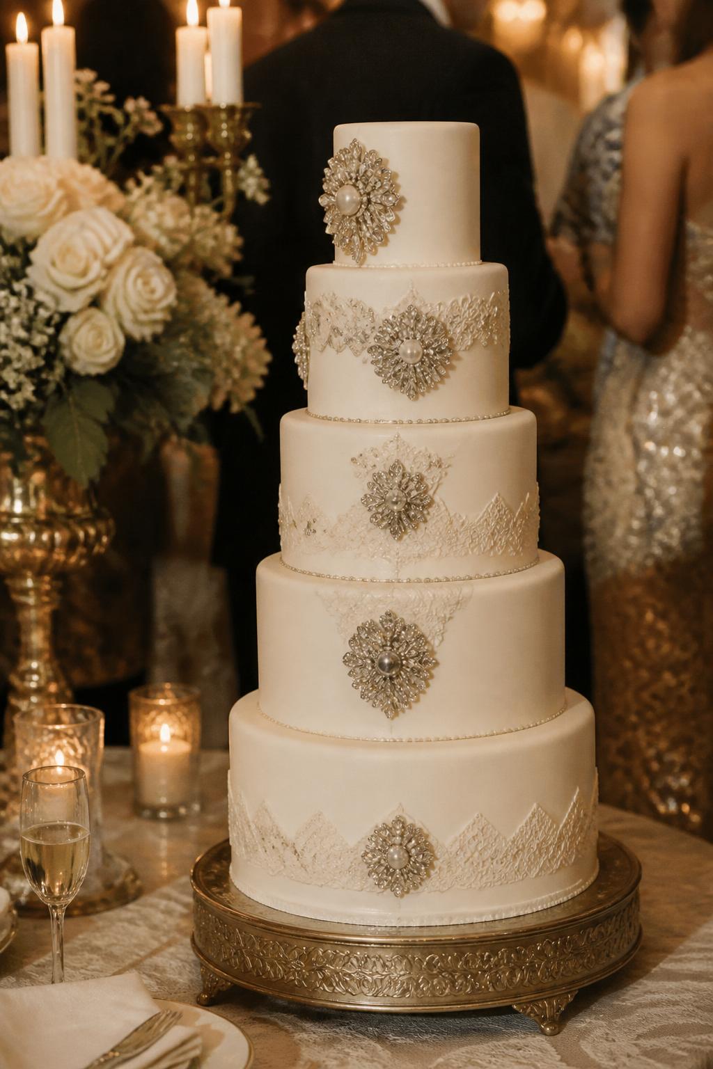 Image Prompt: Ultra-realistic wedding party image featuring a vintage brooch wedding cake with ivory or white tiers decorated with ornate jeweled brooch details and subtle lace-inspired icing work. Place the cake in an elegant reception scene with romantic candles, antique-inspired decor touches, florals, and a warm wedding atmosphere. Keep the cake in focus and the background softly blurred. No visible faces. If guests are included, show only cropped backs, hands, or neck-down figures. The cake should feel timeless, glamorous, and realistic. Editorial wedding photography, high detail, warm light. (no watermarks on images)