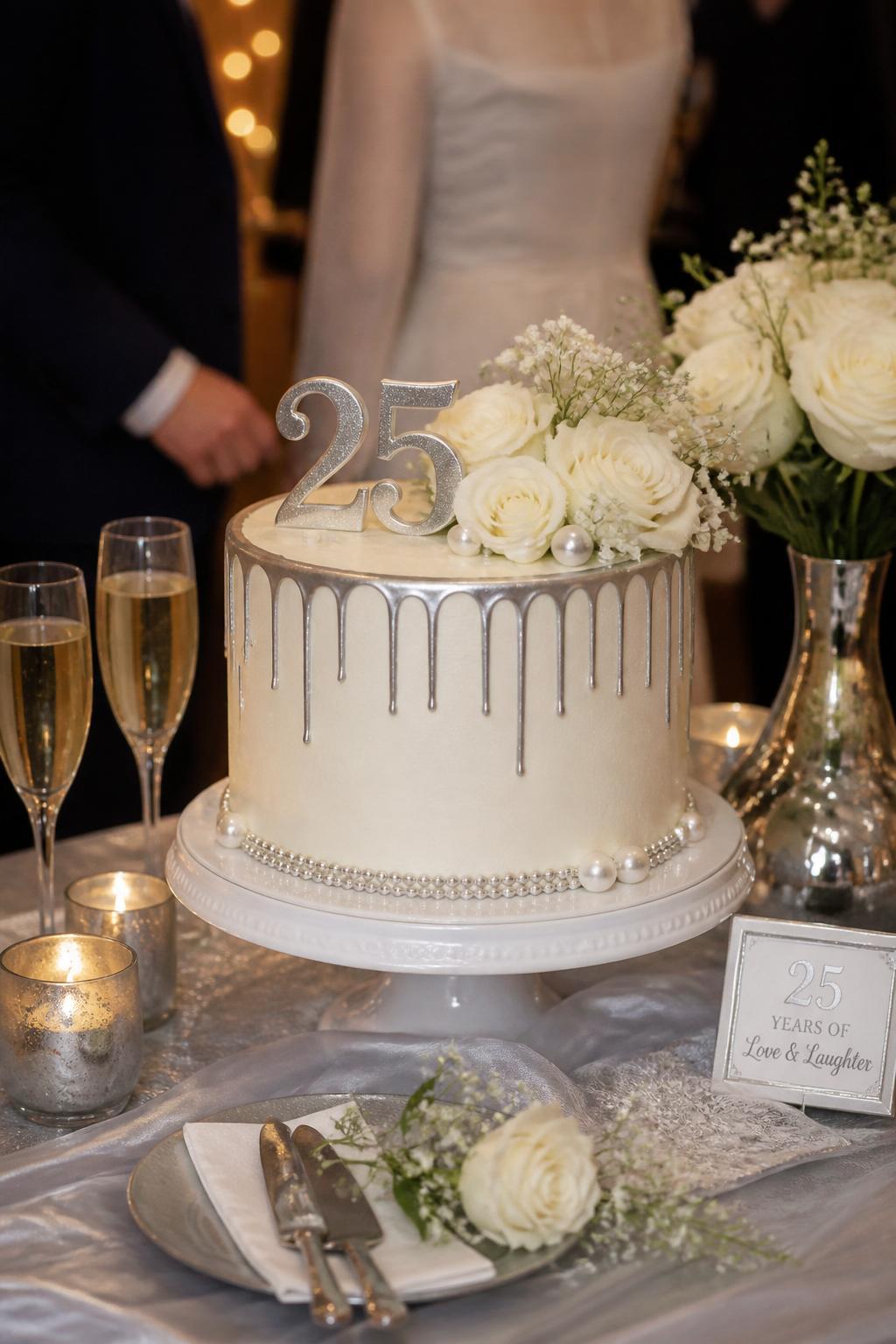 Image Prompt: Ultra-realistic 25th wedding anniversary celebration scene featuring a classy silver drip cake with smooth white or ivory buttercream, a neat metallic silver drip, soft white flowers, pearl accents, and a small number "25" topper. Place the cake on a decorated dessert table with candles, champagne flutes, silver decor, fresh florals, and a softly blurred party setting. Keep the cake in sharp focus. No visible faces. If people appear, show only hands, back views, side views, or neck-down figures. Realistic buttercream texture, believable metallic drip shine, DSLR event photography, elegant celebration mood. (no watermarks on images)