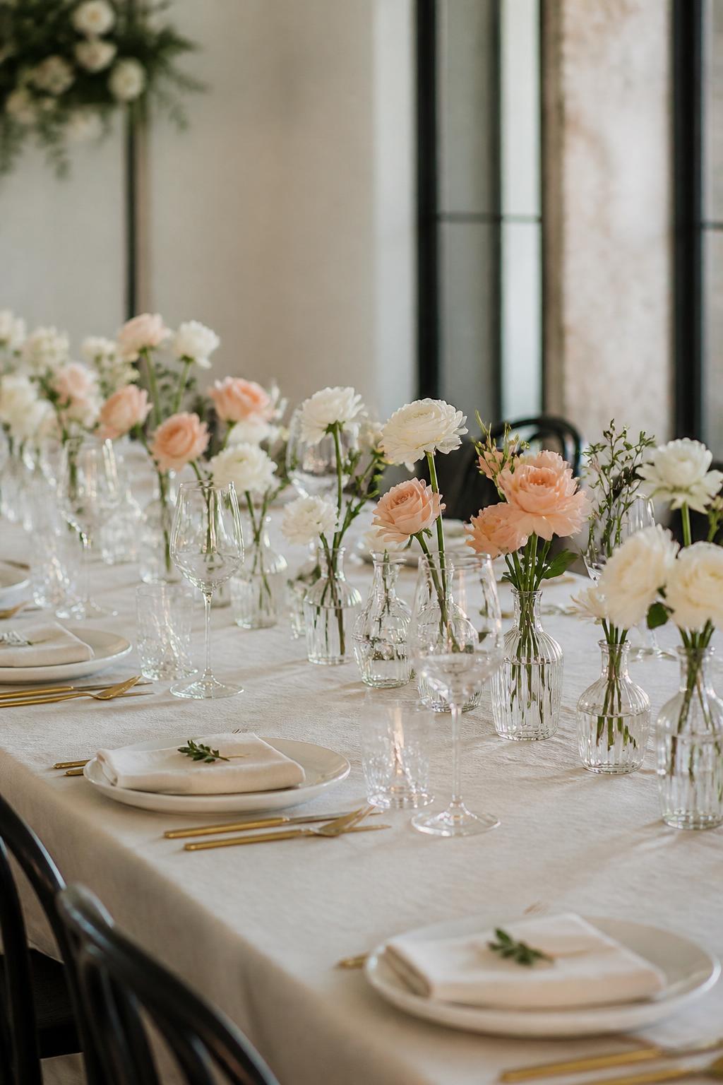 Image Prompt:
A modern wedding reception photo showing a long rectangle table decorated with a neat row of small clear glass bud vases, each holding single-stem flowers in white, blush, and soft peach tones. The table has cream linen, simple plates, gold flatware, folded napkins, and modern glassware. Clean indoor venue, soft natural light, no visible faces, no text, no watermark, realistic editorial photography.