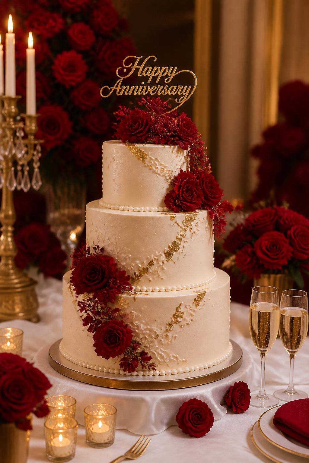 Image Prompt: A grand red anniversary cake with three ivory tiers, deep red floral clusters, edible gold leaf, pearl borders, delicate piping, and a tasteful gold anniversary topper. Style it on a formal anniversary dessert table with candles, champagne glasses, white linen, red roses, and warm golden lighting. Make it impressive, romantic, and realistic, no people, no faces, no watermark. (no watermarks on images)