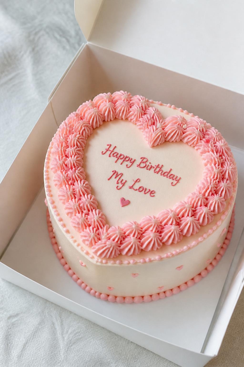 A beautiful pink heart frame bento cake inside an open white cake box, smooth cream and blush frosting, a piped pink heart frame around the center, neat birthday or love message inside the heart, tiny dot border, soft romantic styling, realistic dessert photography, no people, no hands, no faces, no watermarks on images