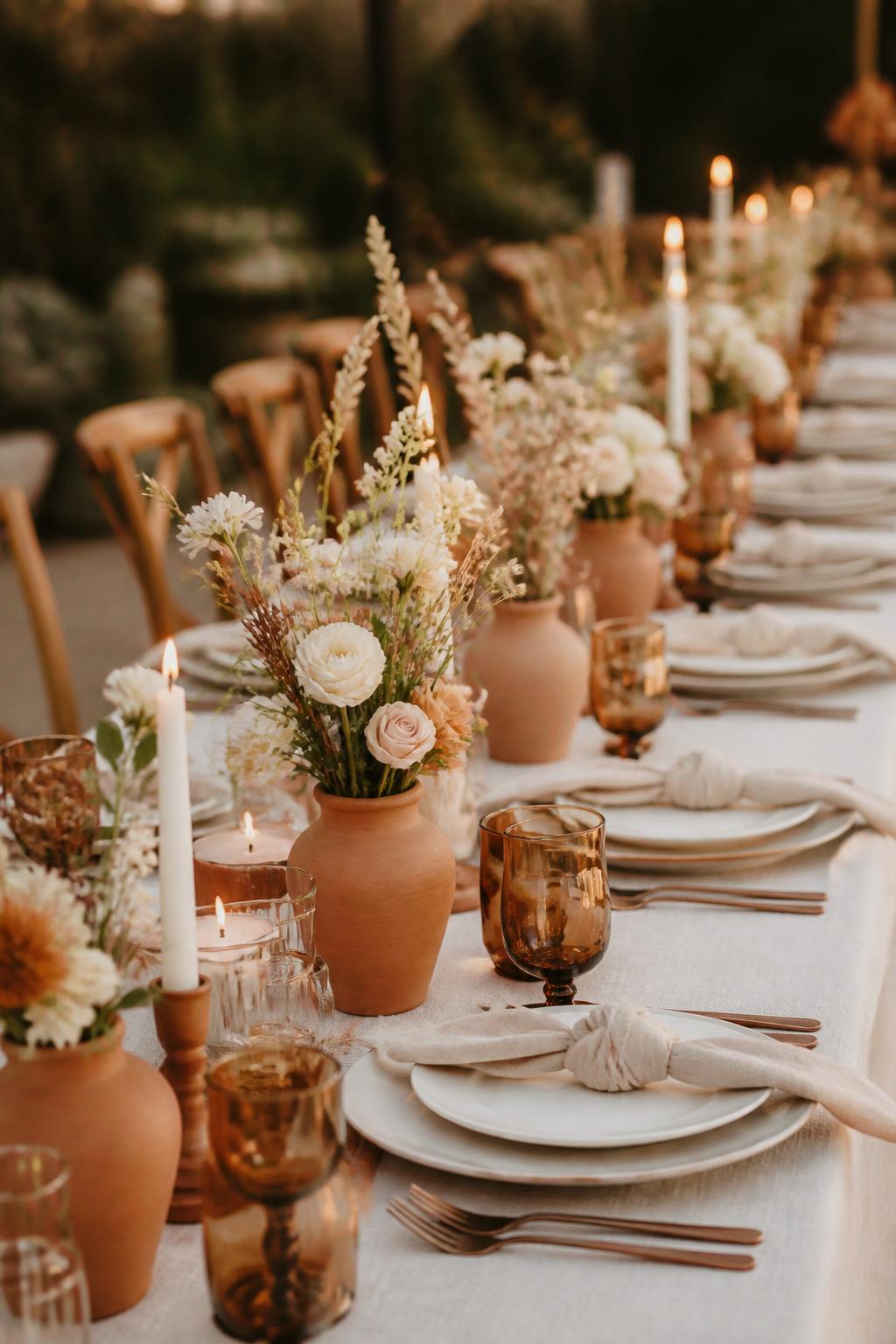 Image Prompt:
A charming boho wedding table featuring small clay vases filled with soft neutral flowers and dried stems, styled along a long table with white plates, linen napkins, candles, and amber glassware. Warm desert-inspired or garden reception setting, no visible faces, no text, no watermark, realistic DSLR wedding photography, (no watermarks on images)