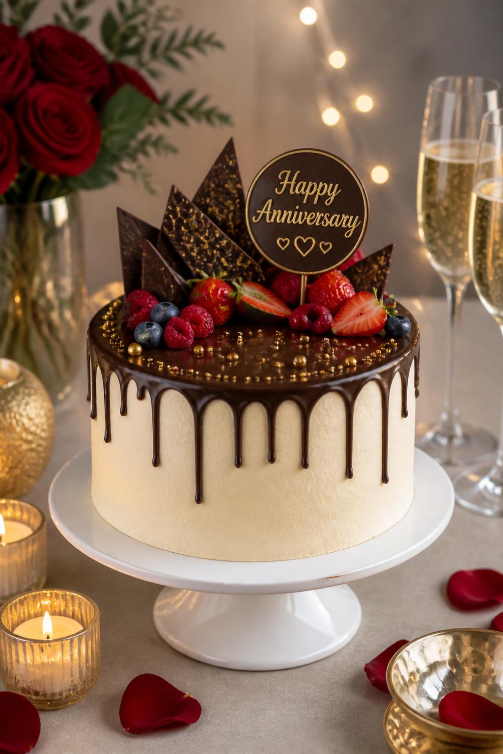 Image Prompt: A lovely chocolate drip anniversary cake with smooth vanilla buttercream, a neat dark chocolate drip, chocolate shards, fresh berries, gold pearls, and a small anniversary topper. Place it on a white cake stand with candles, champagne glasses, and soft romantic decor. Make it modern, festive, and realistic, no people, no faces, no watermark. (no watermarks on images)