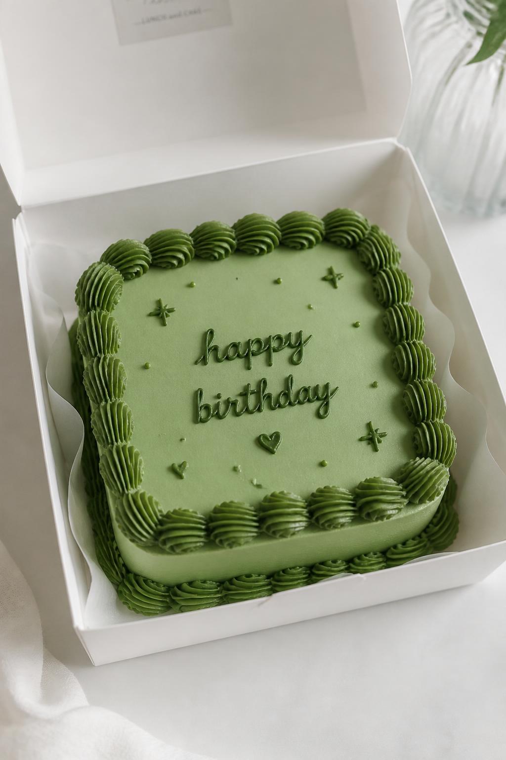 Image Prompt:
A lovely monochrome green birthday bento cake inside an open white cake box, smooth medium green frosting, darker green piped border, green handwritten birthday text, tiny green heart and star details, modern tone-on-tone styling, bright clean backdrop, realistic editorial dessert photography, no people, no hands, no faces, no watermarks on images