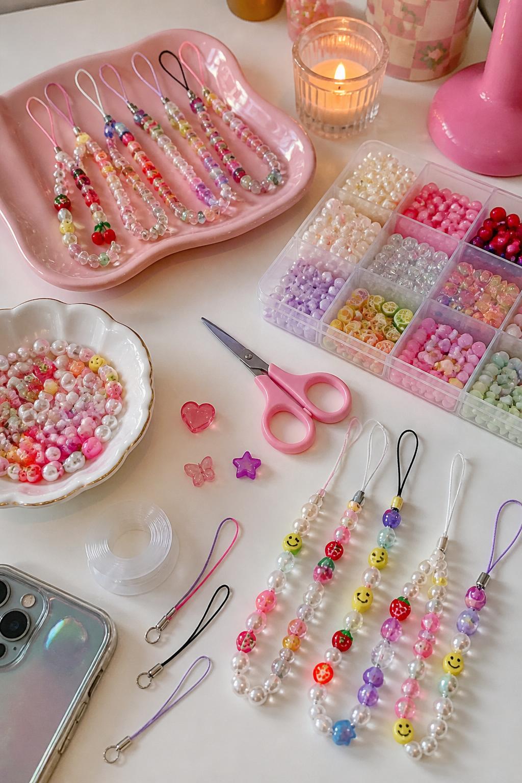Detailed Image Prompt:
A trendy girls’ night craft photo showing handmade beaded phone charms, pearl beads, letter beads, fruit beads, heart beads, star beads, smiley beads, clear cord, phone charm loops, and small scissors arranged on a white desk, colorful playful accessory styling, soft indoor lighting, no people, no faces, no readable text, no watermark on images.
