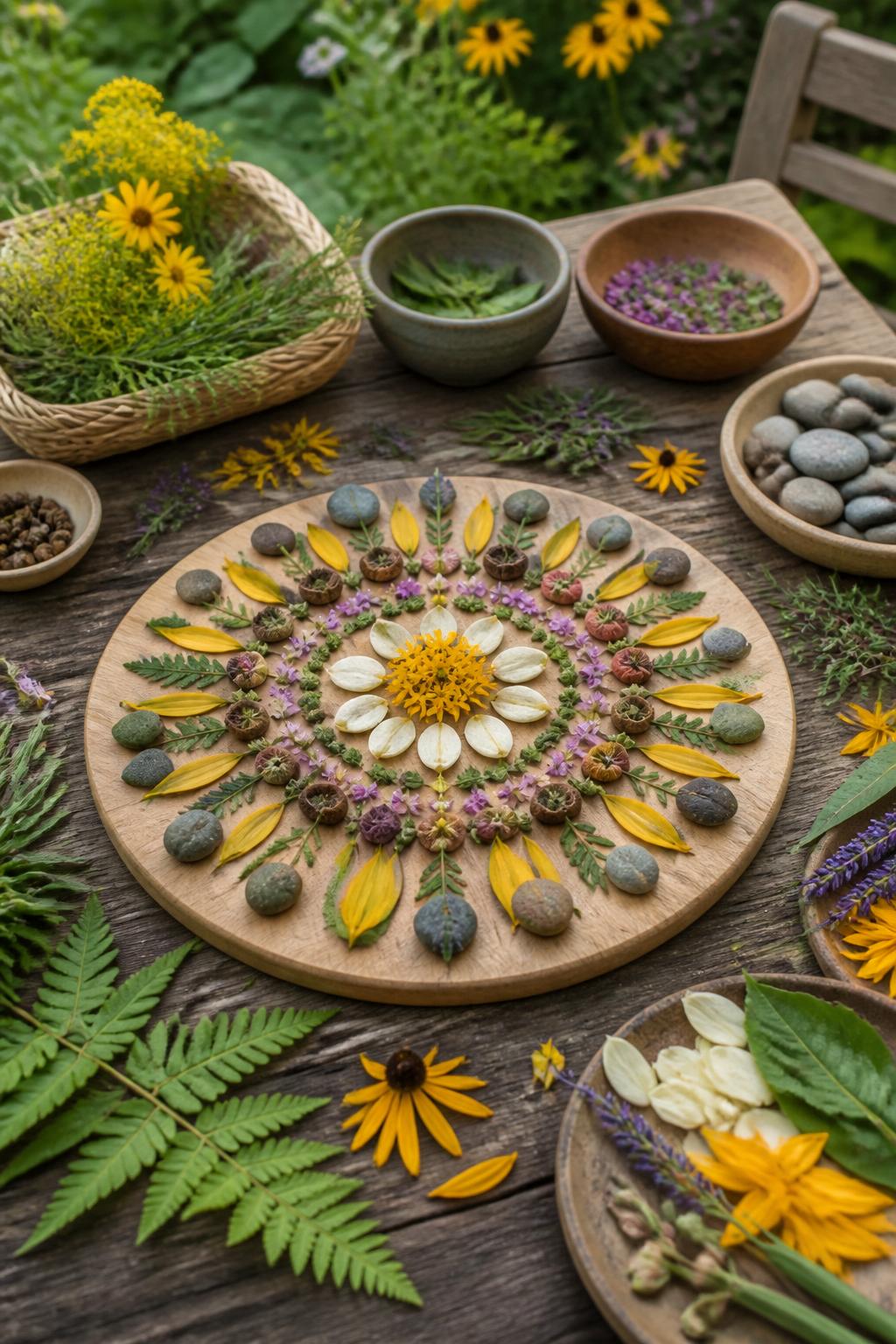 Detailed Image Prompt:
A peaceful summer solstice craft photo showing a nature mandala arranged on a round wooden board, flower petals, leaves, small stones, seed pods, herbs, and yellow blooms placed in circular patterns, set on an outdoor garden table with extra natural materials around it, calm seasonal craft styling, warm daylight, no people, no faces, no readable text, no watermark on images.