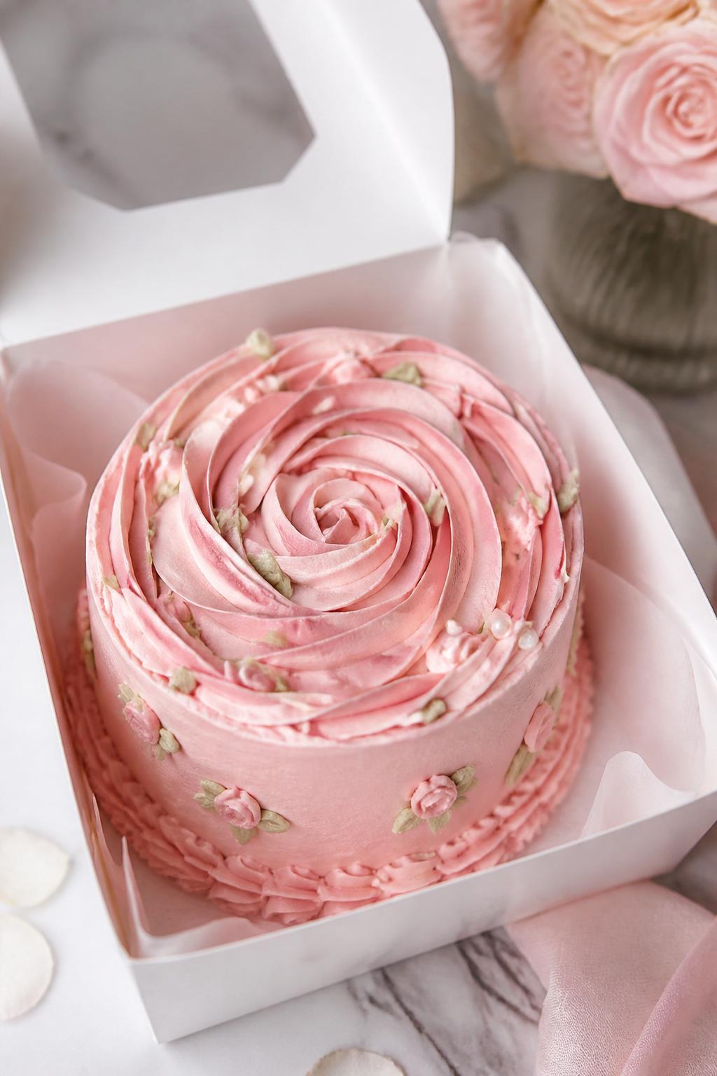 A romantic pink rose swirl bento cake in a white open box, soft pink frosting with piped buttercream rose swirls on top, delicate leaf details, pretty bakery styling, soft natural light, elegant close-up dessert photography, no people, no hands, no faces, no watermarks on images