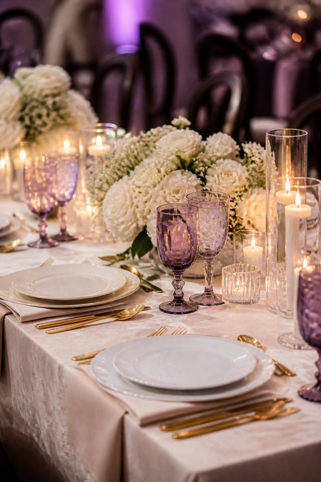 Image Prompt:
A stylish wedding table photo showing purple-tinted glassware, white plates, ivory linen, low white floral arrangements, gold flatware, and soft candlelight. Elegant reception setting with a romantic purple accent theme, no visible faces, no text, no watermark, realistic DSLR editorial photography, (no watermarks on images)