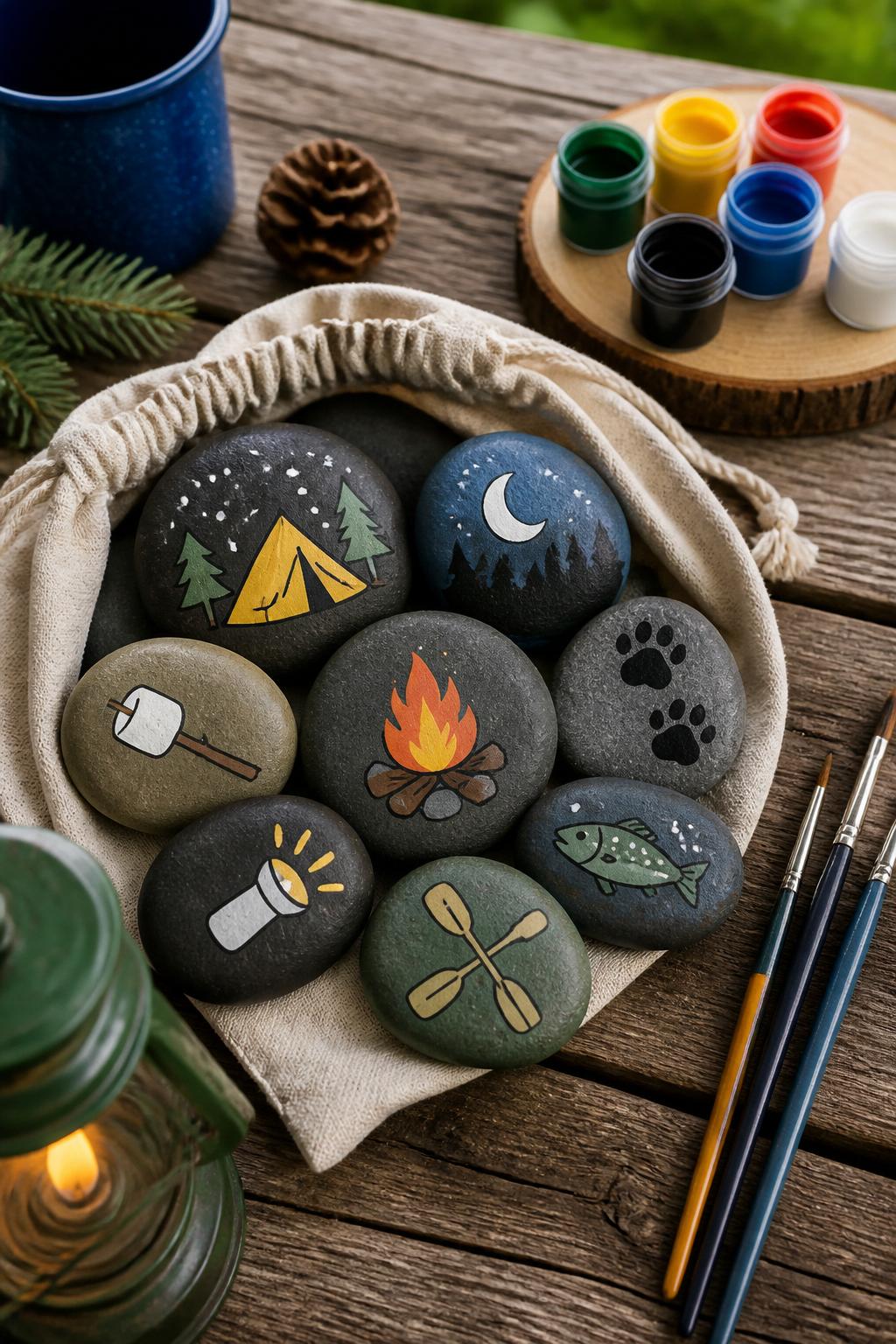 Detailed Image Prompt:
A creative summer camp craft photo showing painted campfire story stones, smooth rocks painted with simple icons like tents, moons, stars, trees, fish, canoe paddles, marshmallows, flashlights, and animal tracks, arranged in a small cloth bag beside paintbrushes and paints on a picnic table, cozy storytelling camp mood, no people, no faces, no readable text, no watermark on images.