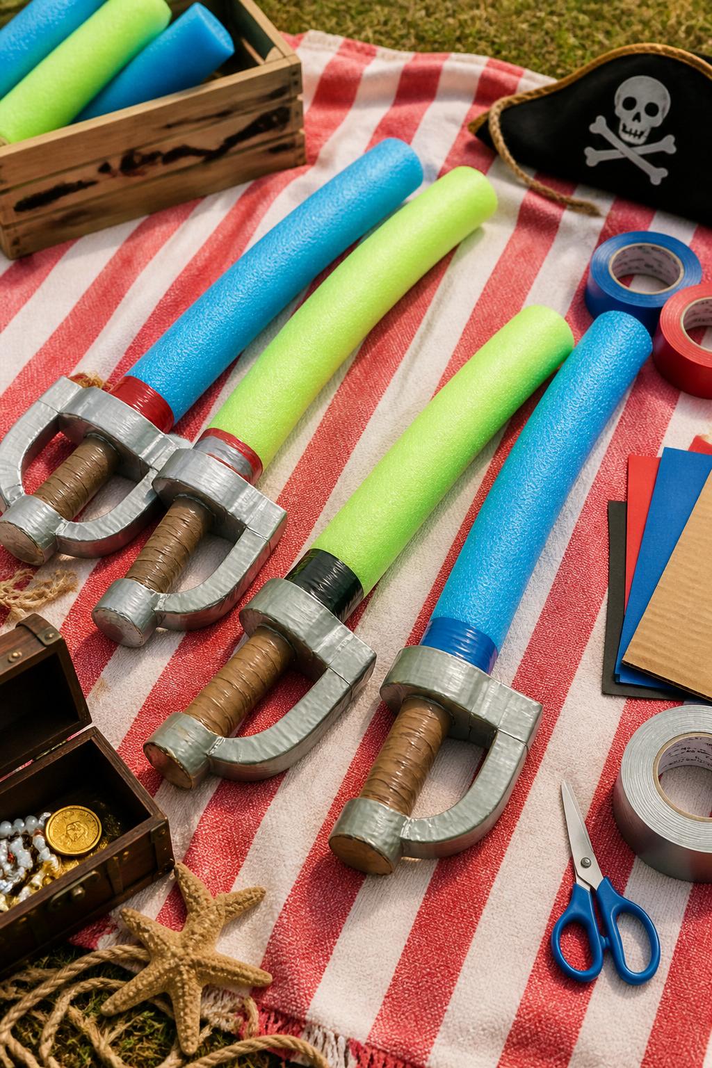 Detailed Image Prompt:
A playful summer craft photo showing soft pool noodle pirate swords, short pool noodle pieces with cardboard handles wrapped in silver and brown paper, colorful tape details, arranged on a grass picnic blanket with craft supplies nearby, safe pretend-play summer pirate theme, no children, no faces, no readable text, no watermark on images.