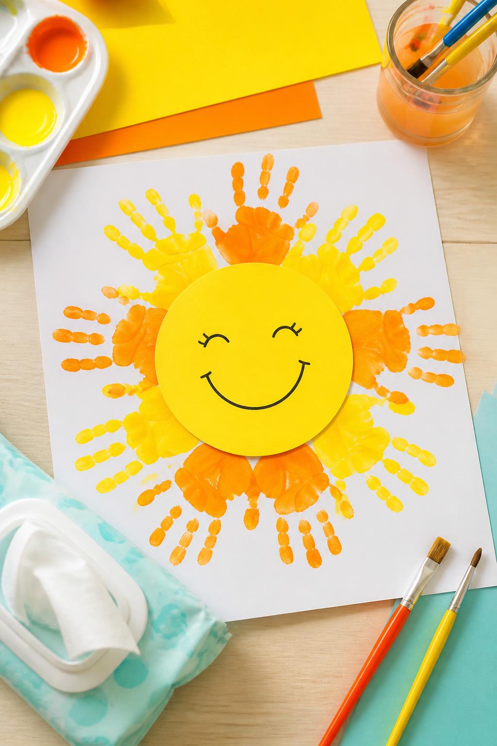 Detailed Image Prompt:
A bright editorial-style kids’ summer craft photo showing handprint sunshine art, yellow paper circle in the center surrounded by orange and yellow painted handprints as sun rays, simple smiling face drawn on the middle, washable paint, brushes, wipes, and cardstock nearby on a clean craft table, cheerful summer keepsake style, no children, no faces except drawn sun face, no readable text, no watermark on images.